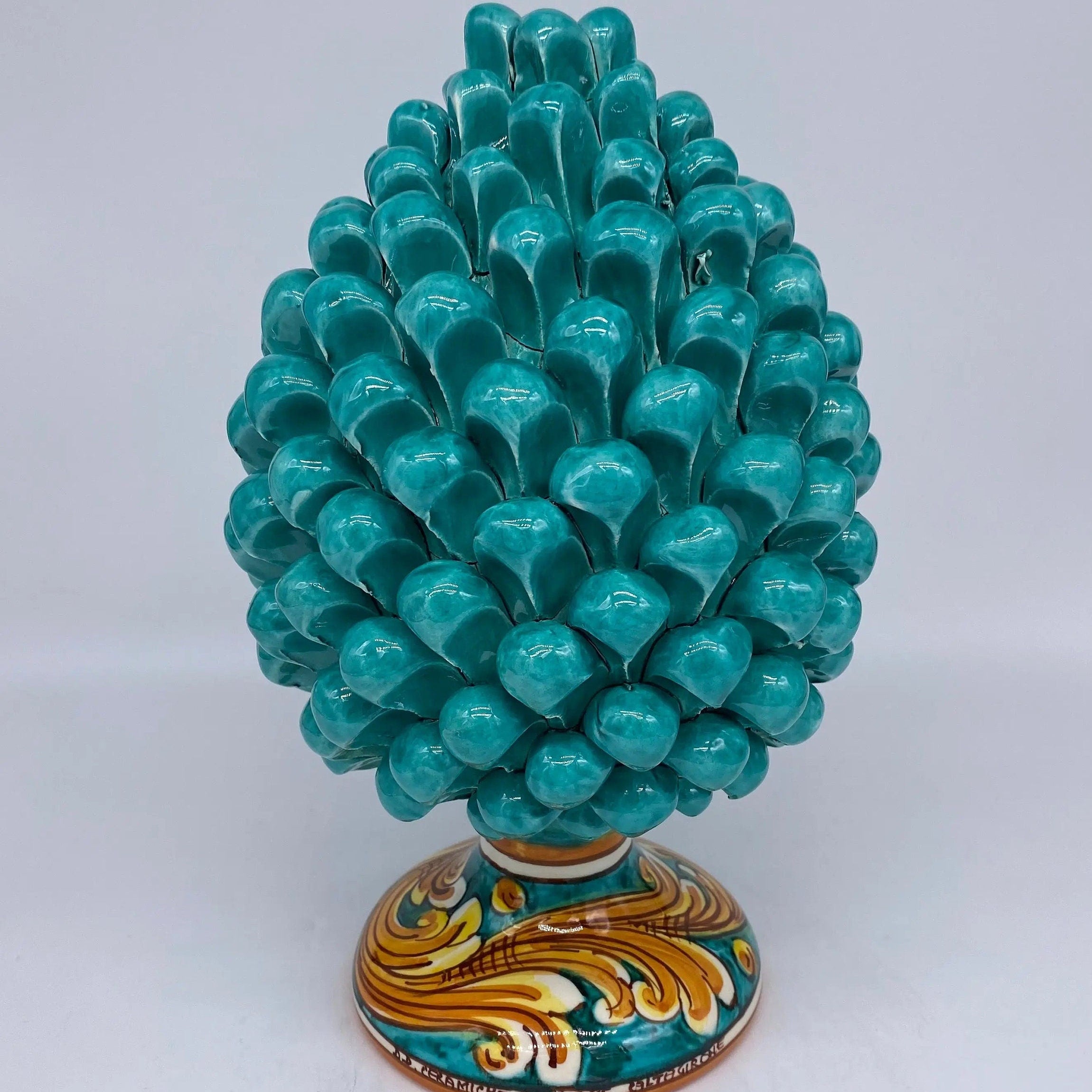 Pigna Ceramica Caltagirone cm H.25 Artigianale Verde acqua Base Decorata DD CERAMICHE SICILIANE