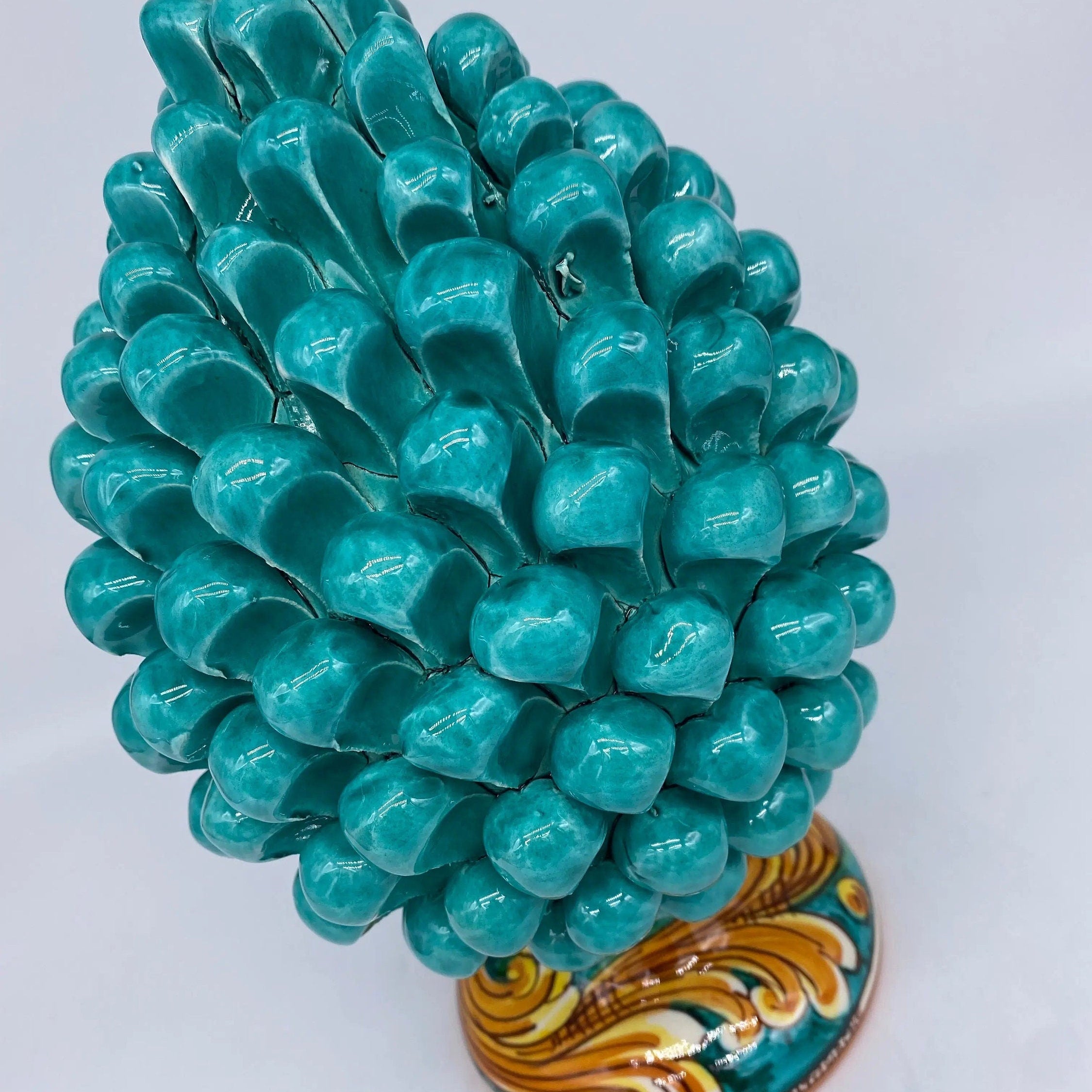 Pigna Ceramica Caltagirone cm H.25 Artigianale Verde acqua Base Decorata DD CERAMICHE SICILIANE