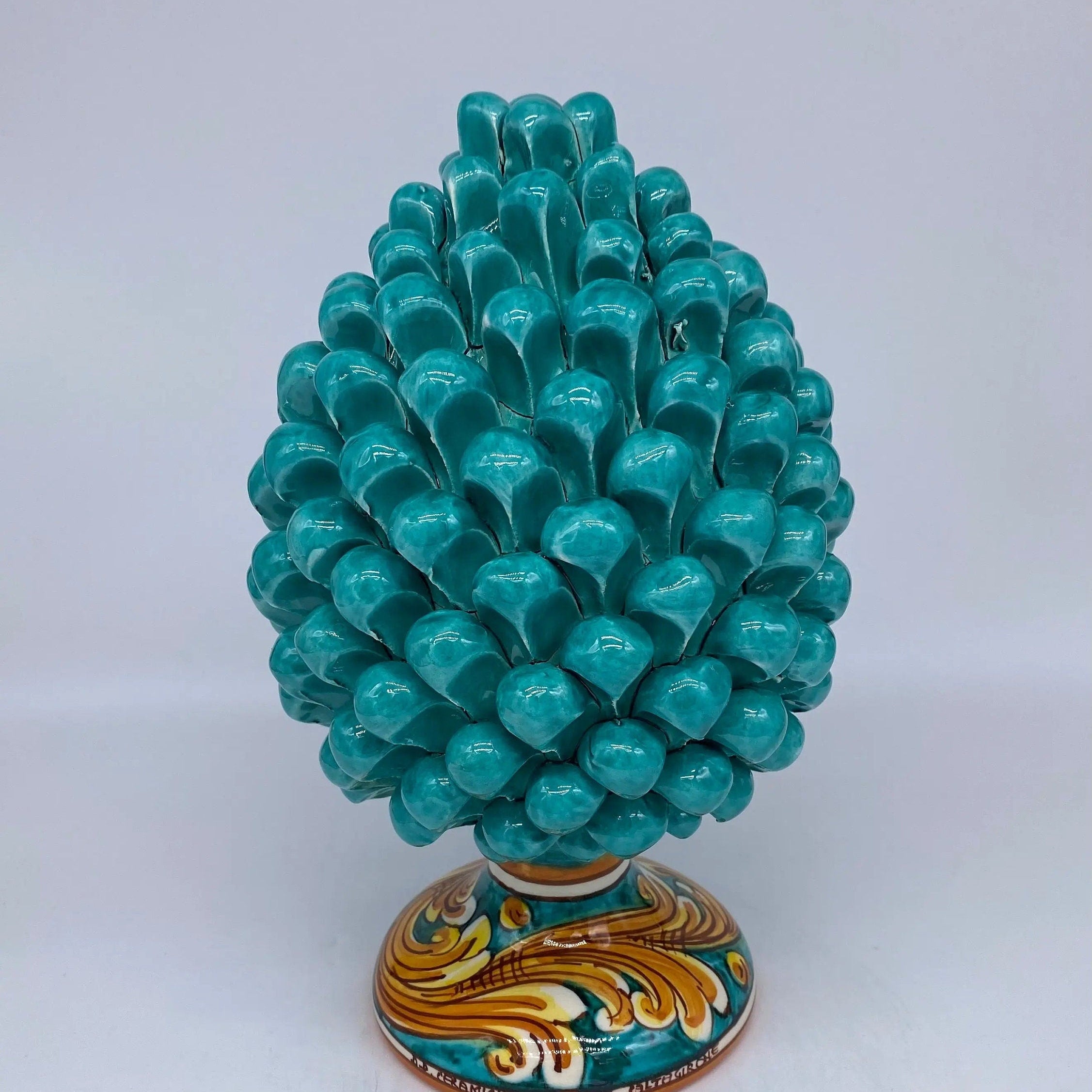 Pigna Ceramica Caltagirone cm H.25 Artigianale Verde acqua Base Decorata DD CERAMICHE SICILIANE