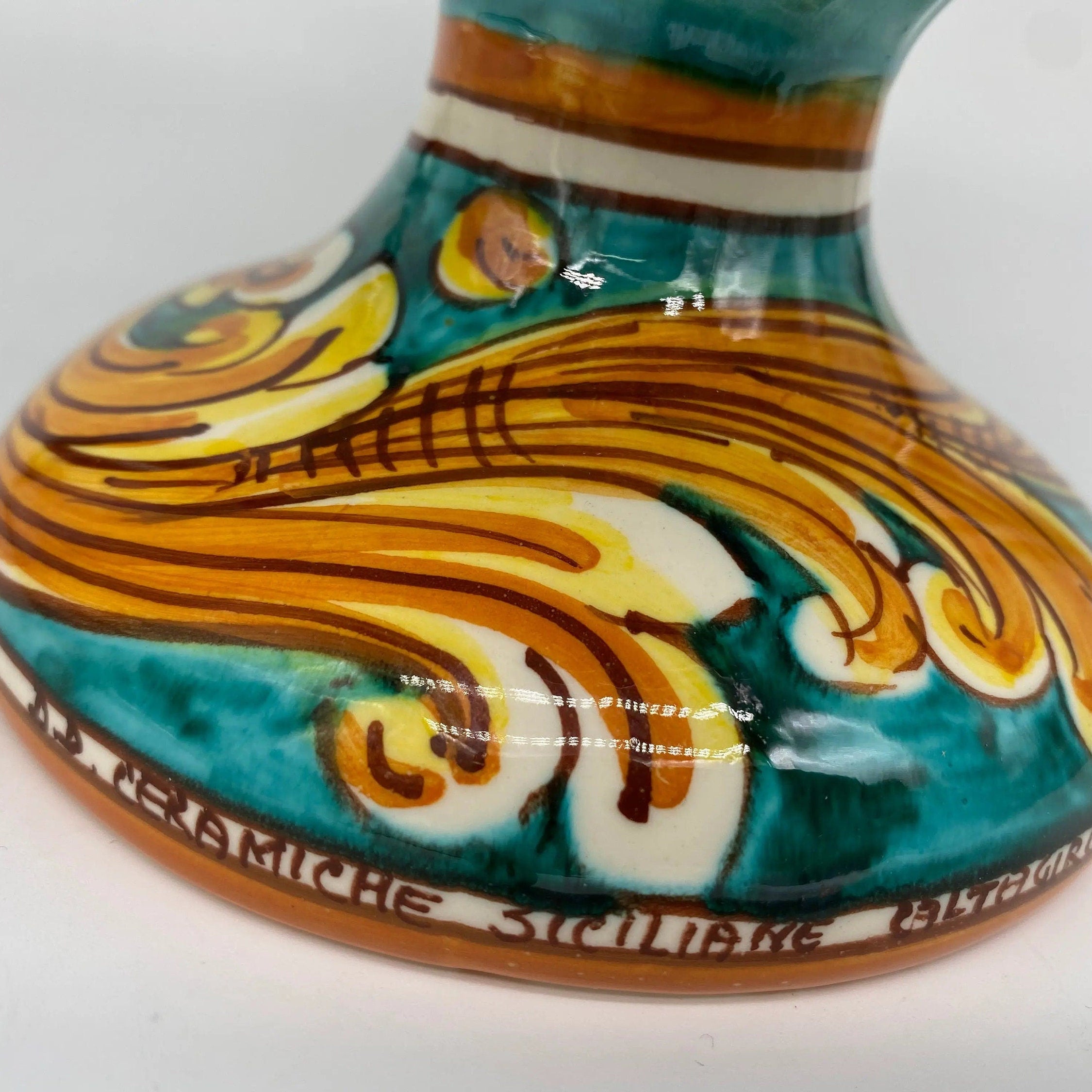 Pigna Ceramica Caltagirone cm H.25 Artigianale Verde acqua Base Decorata DD CERAMICHE SICILIANE