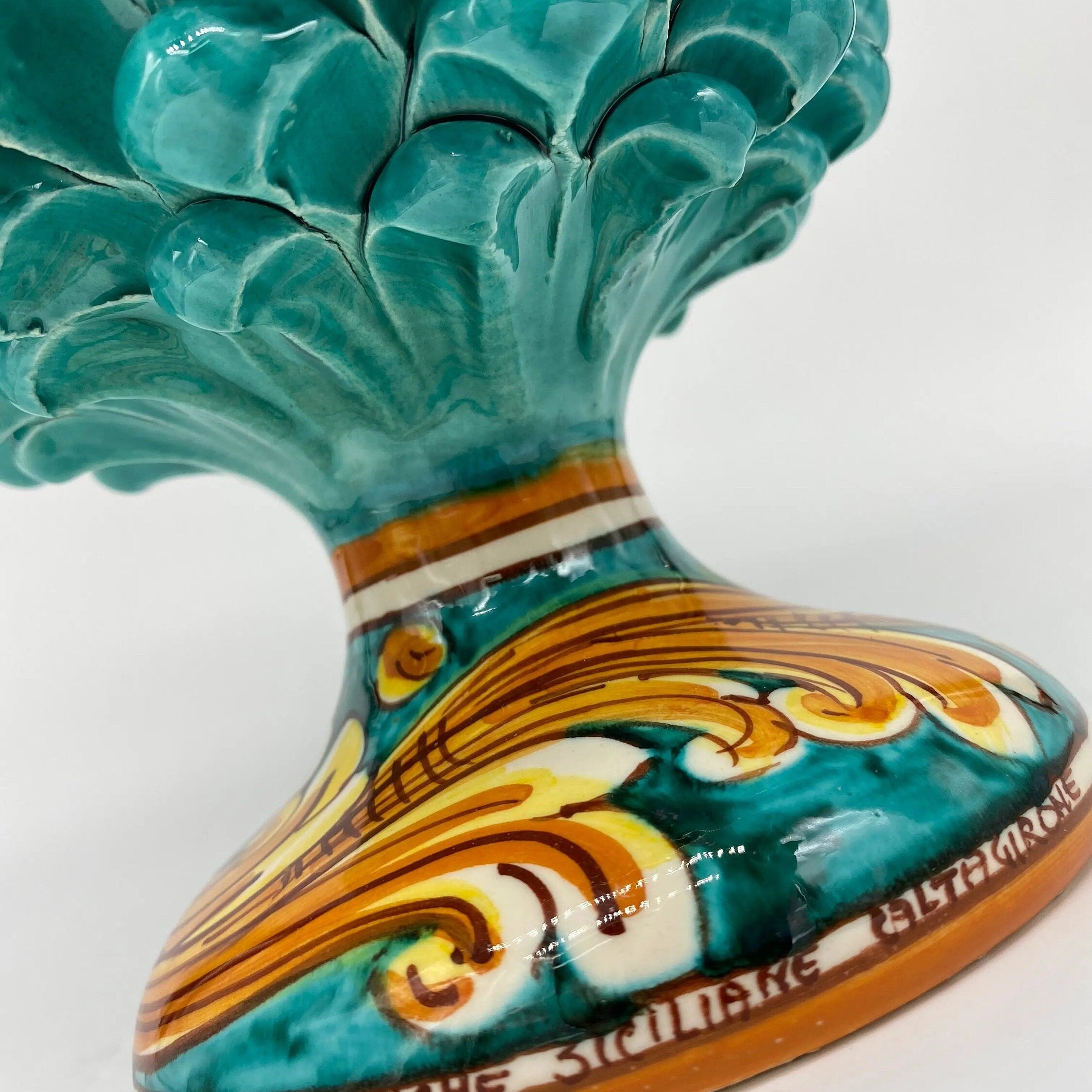 Pigna Ceramica Caltagirone cm H.25 Artigianale Verde acqua Base Decorata DD CERAMICHE SICILIANE