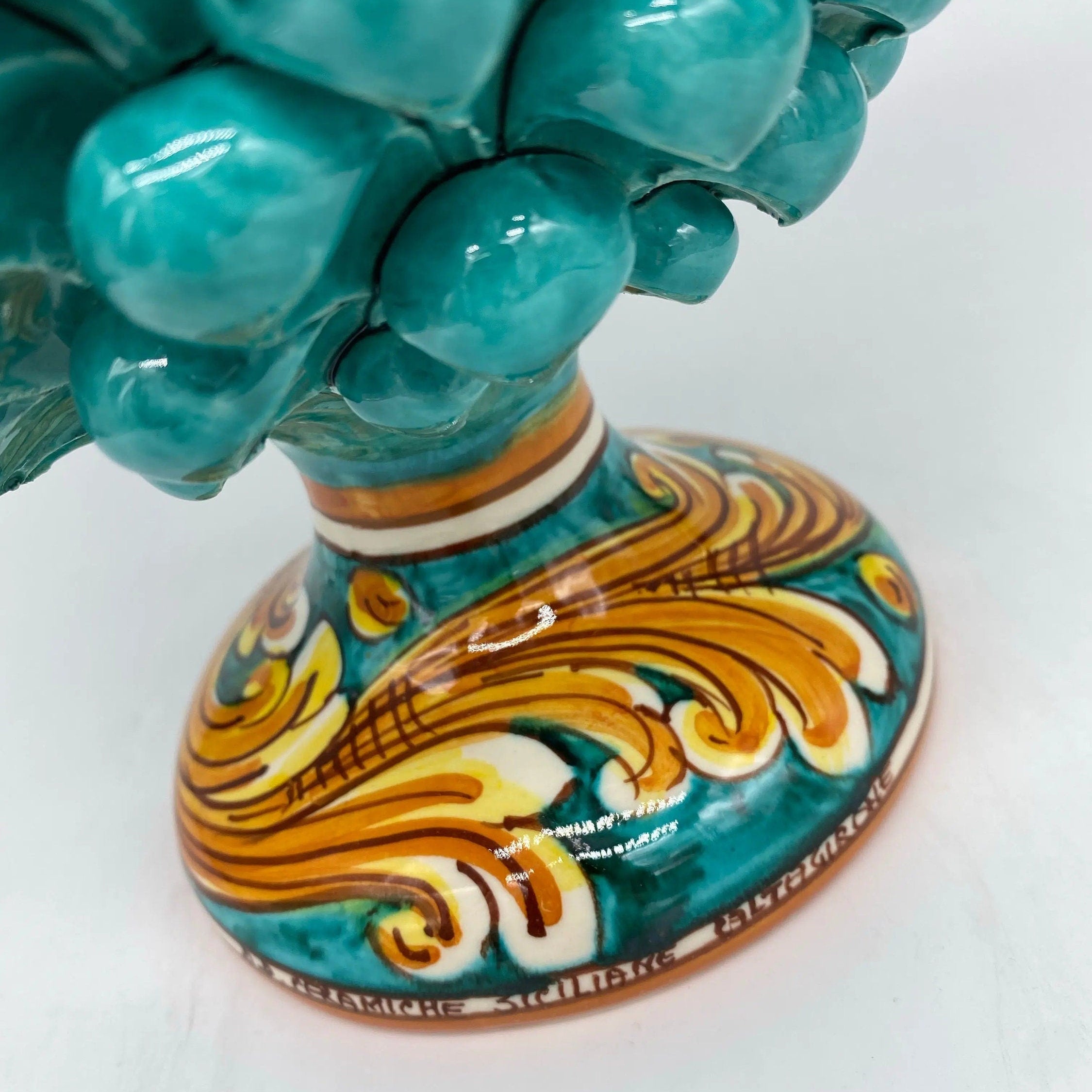 Pigna Ceramica Caltagirone cm H.25 Artigianale Verde acqua Base Decorata DD CERAMICHE SICILIANE