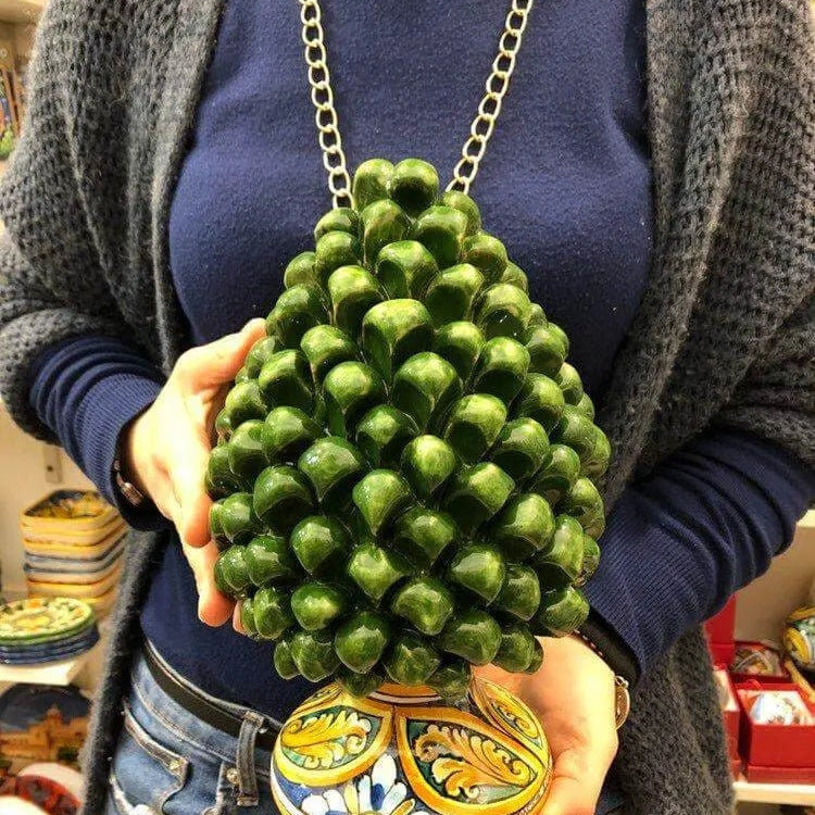 Pigna Ceramica Caltagirone cm H.25 Artigianale Verde Prato Base Decorata DD CERAMICHE SICILIANE