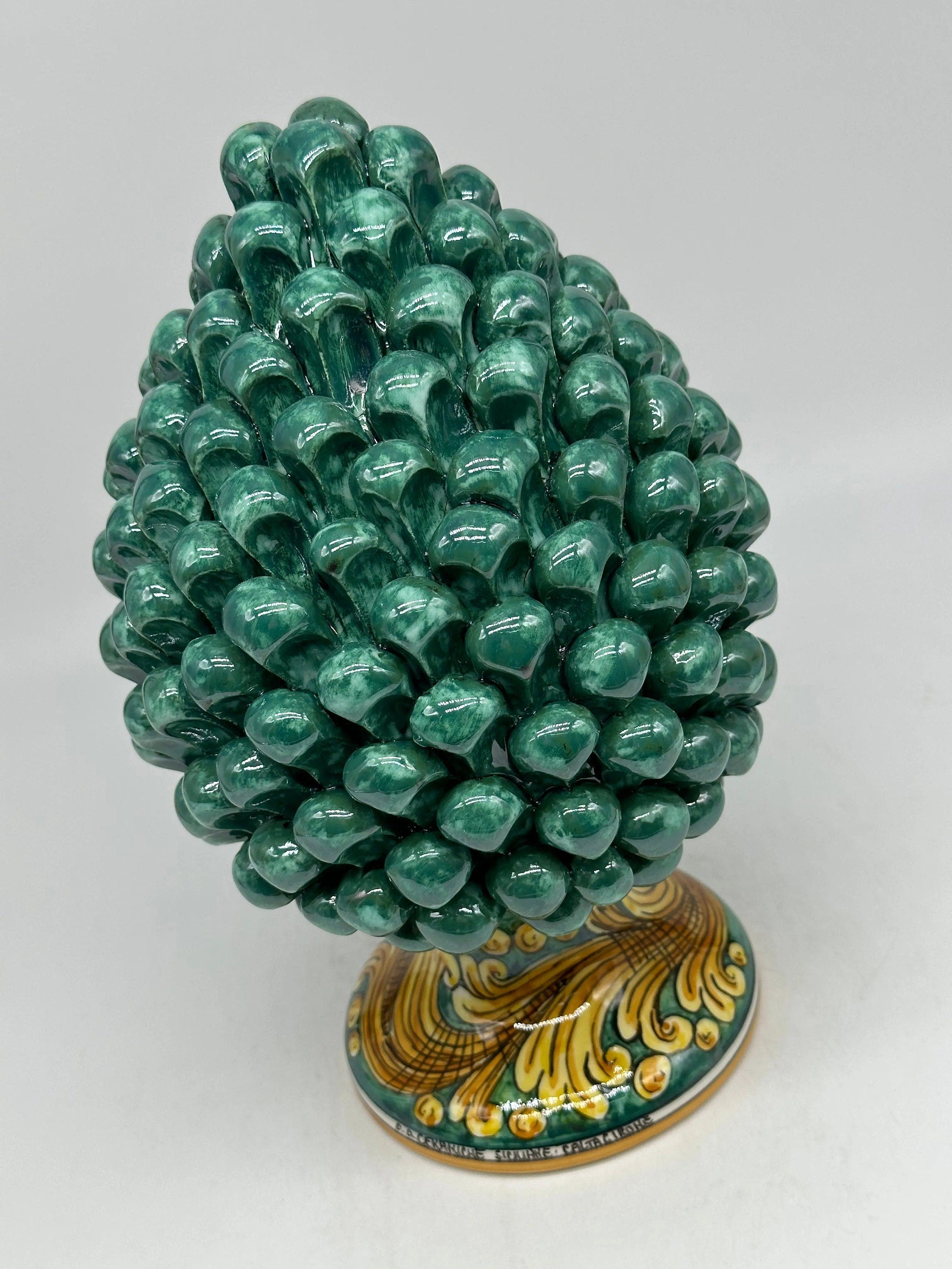 Pigna Ceramica Caltagirone cm H.25 Artigianale Verde Rame Base Decorata DD CERAMICHE SICILIANE
