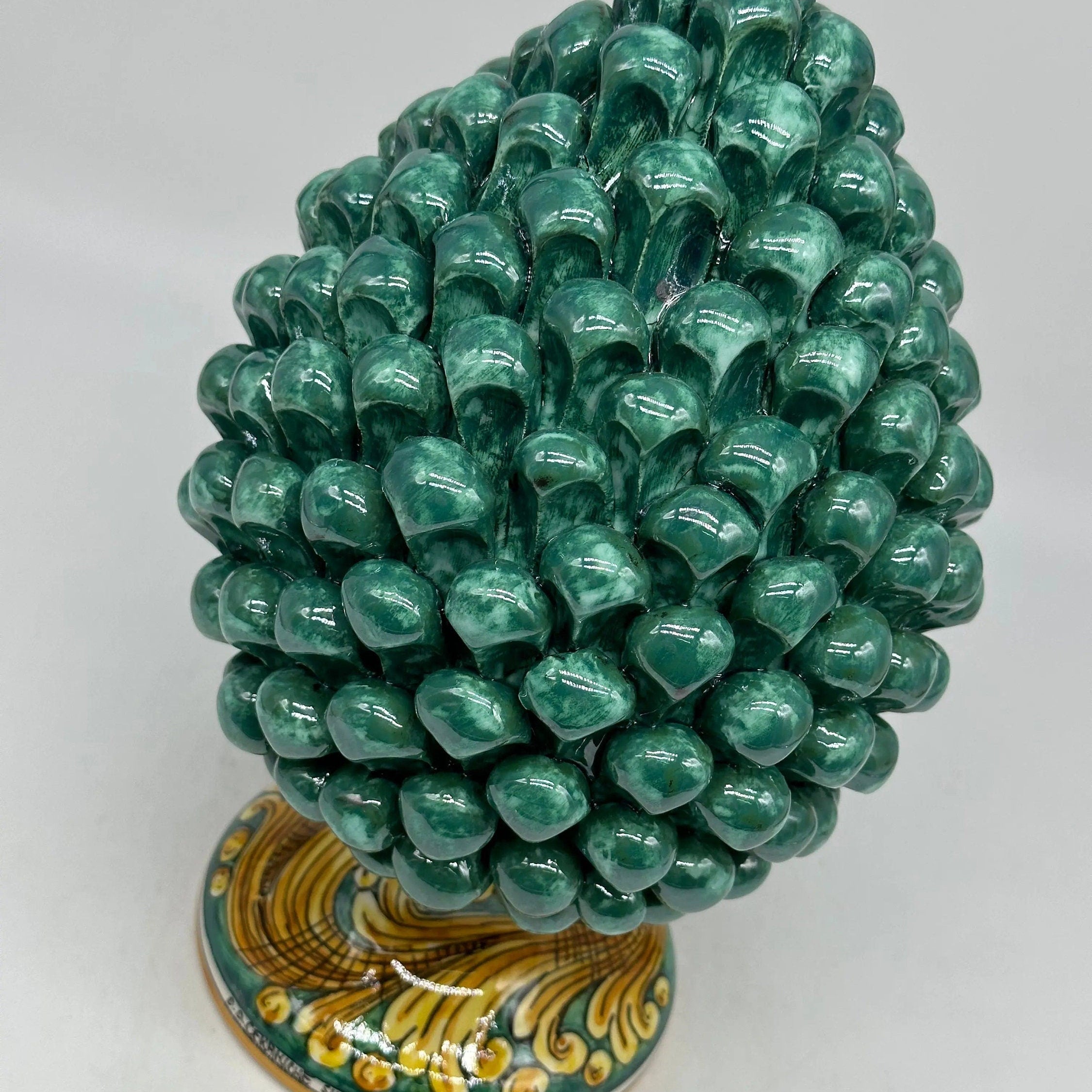 Pigna Ceramica Caltagirone cm H.25 Artigianale Verde Rame Base Decorata DD CERAMICHE SICILIANE