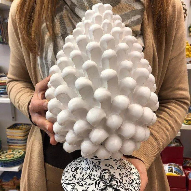 Pigna Ceramica Caltagirone cm H.30 Artigianale Bianco Base Decorata Nero DD CERAMICHE SICILIANE