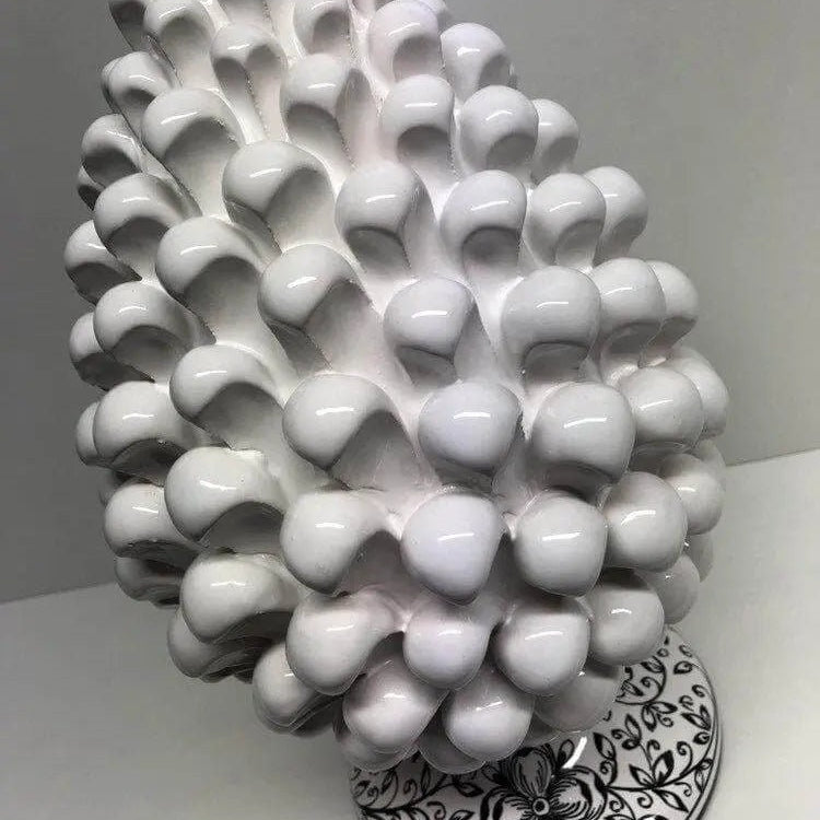 Pigna Ceramica Caltagirone cm H.30 Artigianale Bianco Base Decorata Nero DD CERAMICHE SICILIANE