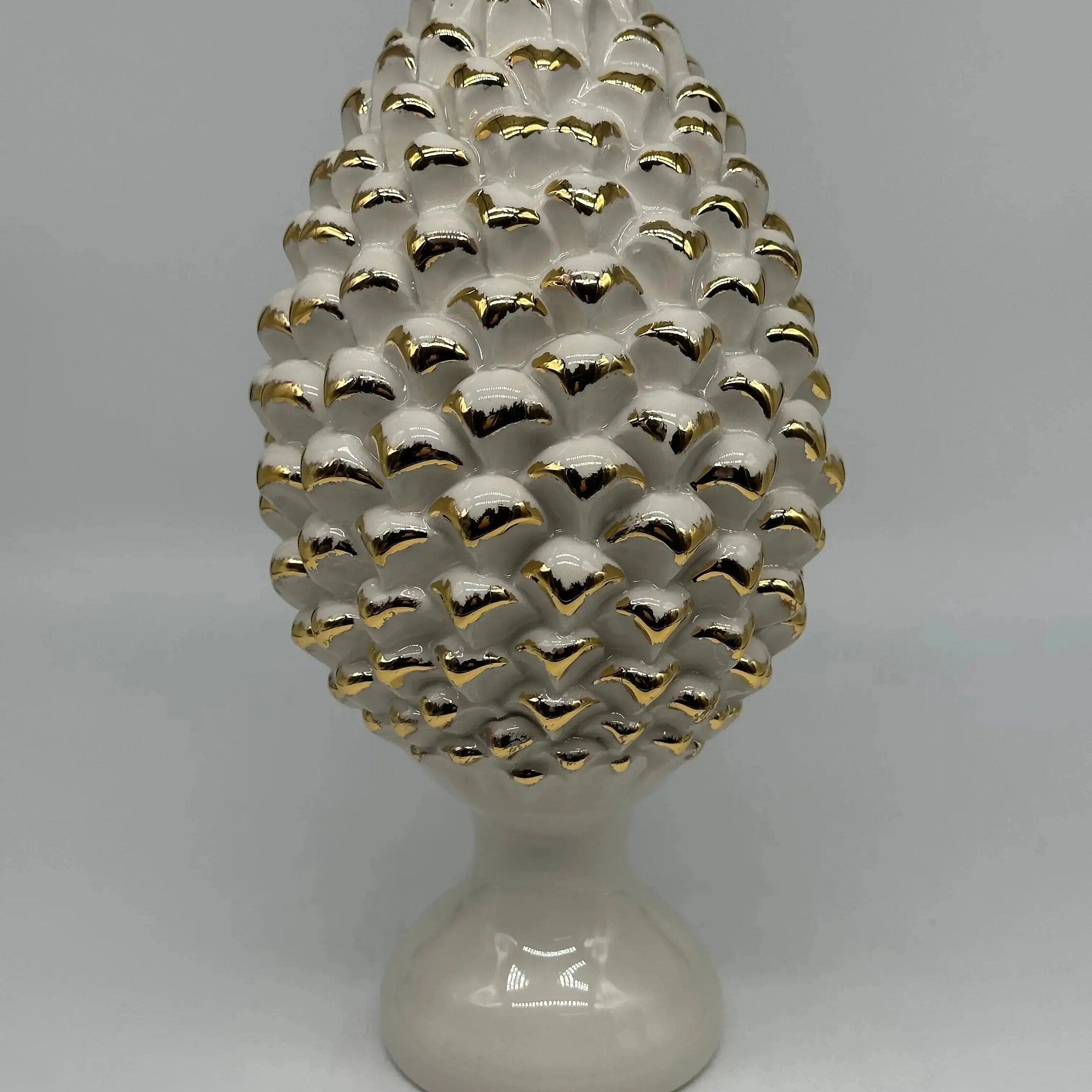 Pigna Ceramica Caltagirone cm H.30 Artigianale Bianco Oro Linea Luis DD CERAMICHE SICILIANE