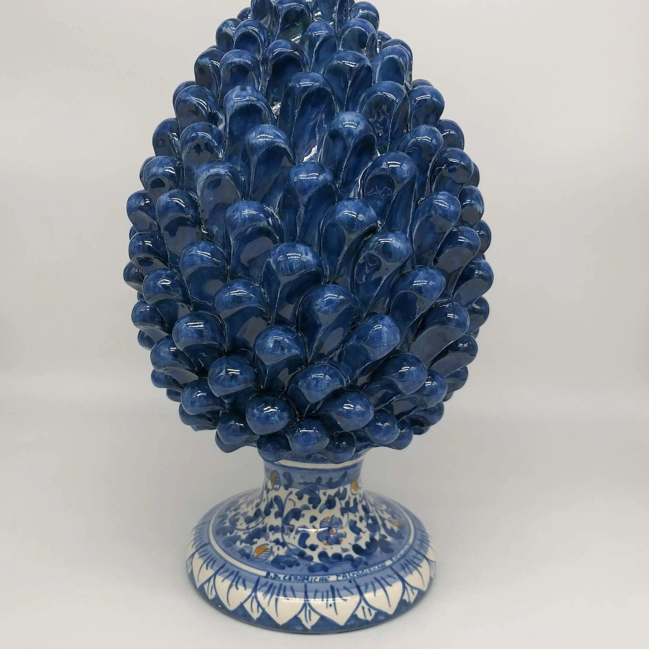 Pigna Ceramica Caltagirone cm H.30 Artigianale Blu Antico Base Decorata Fiori DD CERAMICHE SICILIANE