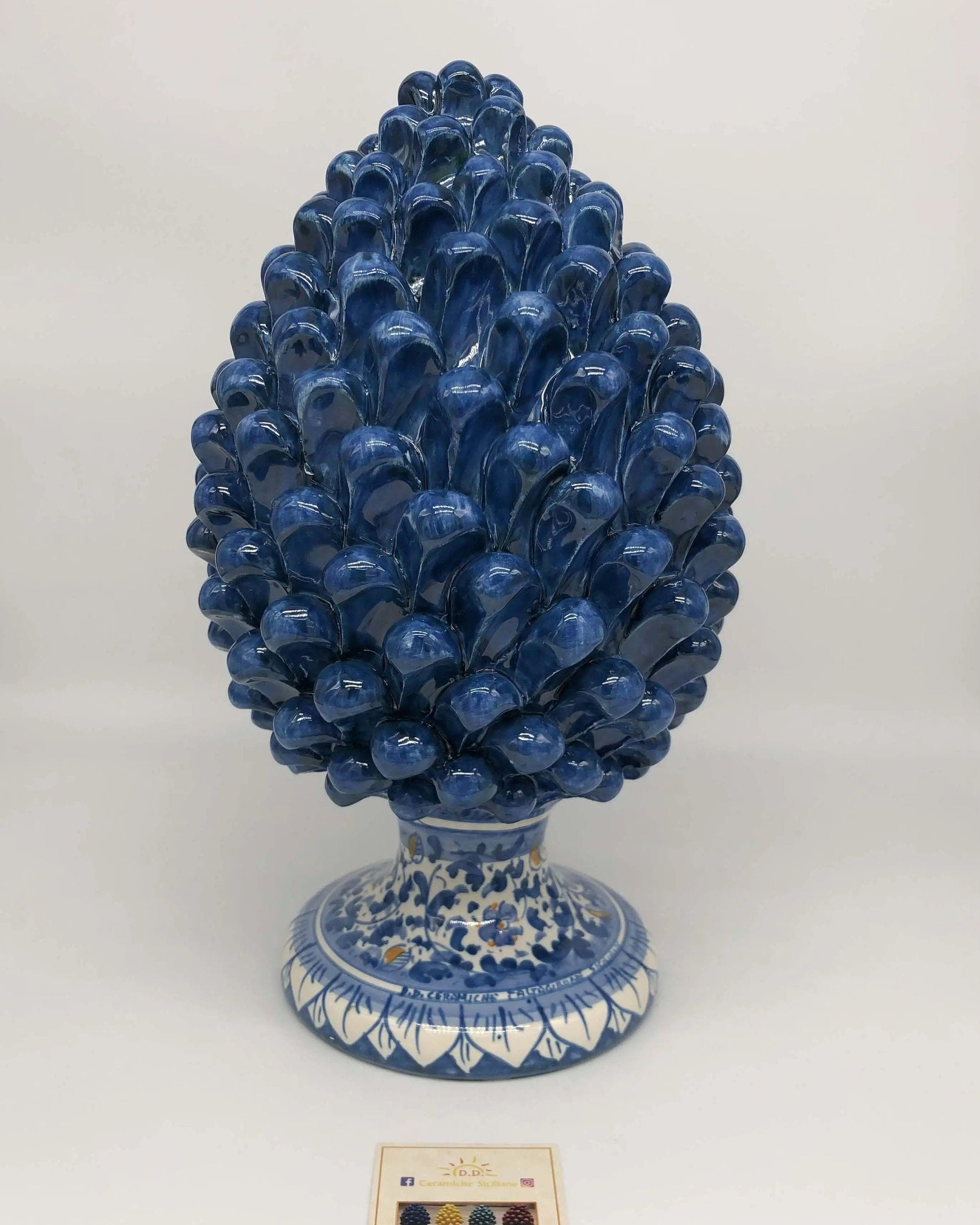 Pigna Ceramica Caltagirone cm H.30 Artigianale Blu Antico Base Decorata Fiori DD CERAMICHE SICILIANE