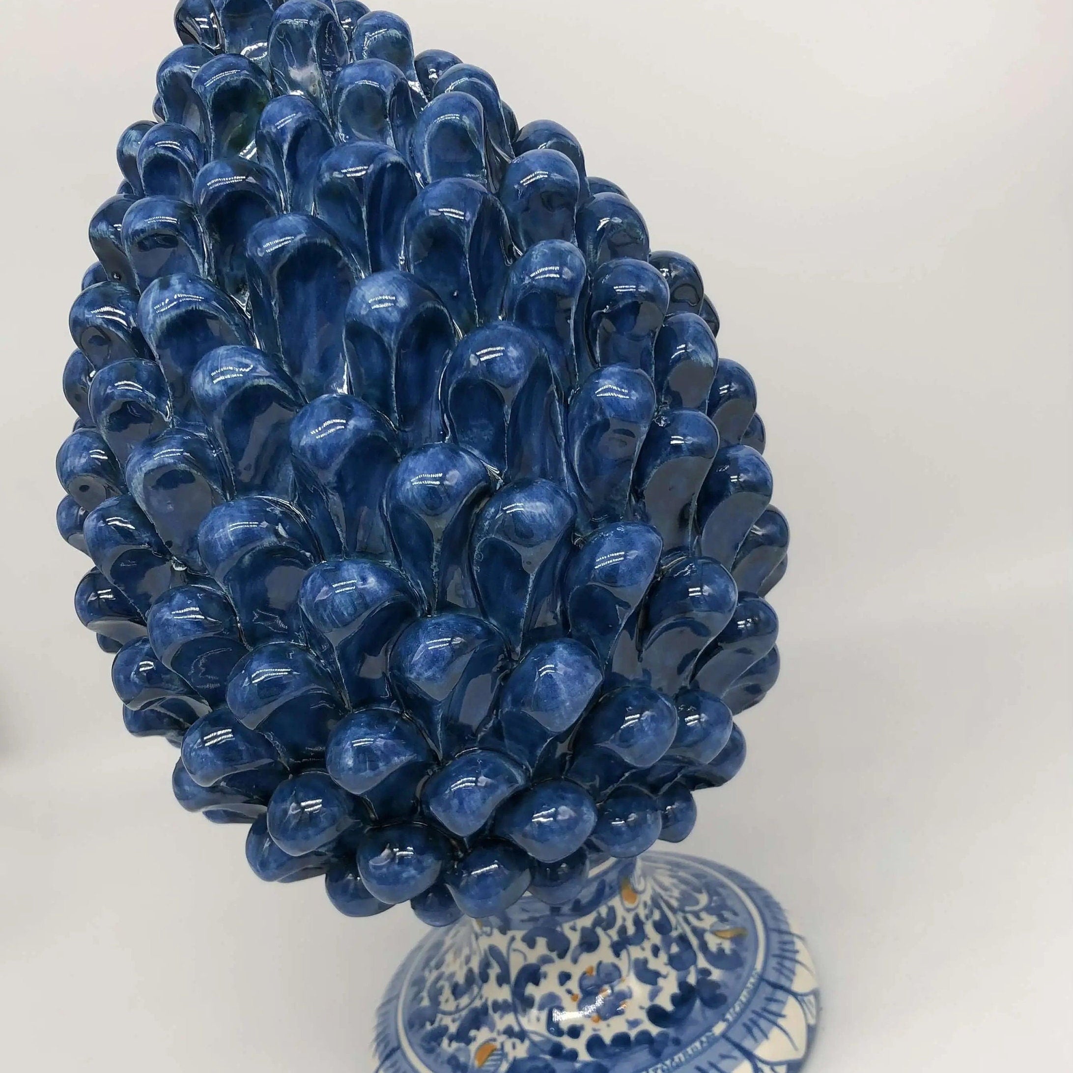 Pigna Ceramica Caltagirone cm H.30 Artigianale Blu Antico Base Decorata Fiori DD CERAMICHE SICILIANE