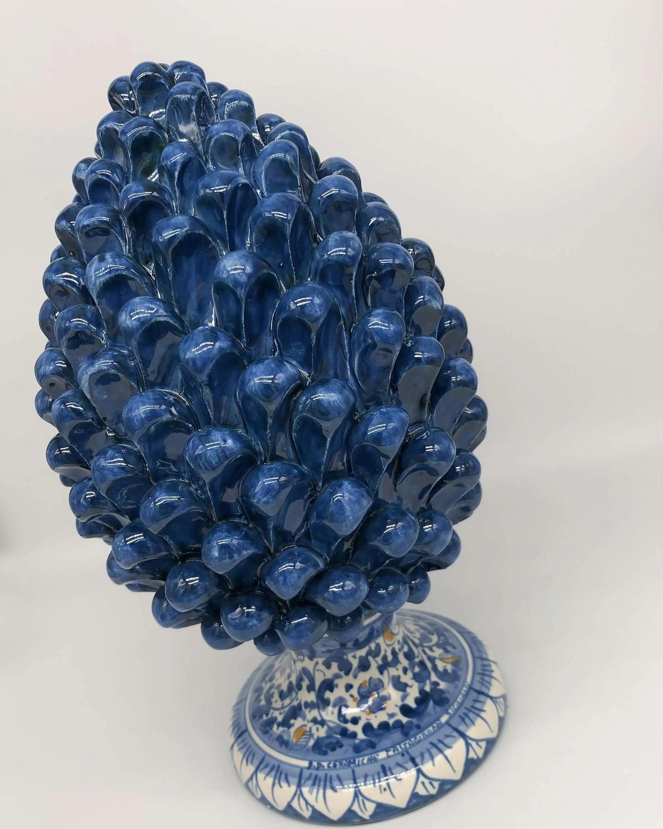 Pigna Ceramica Caltagirone cm H.30 Artigianale Blu Antico Base Decorata Fiori DD CERAMICHE SICILIANE