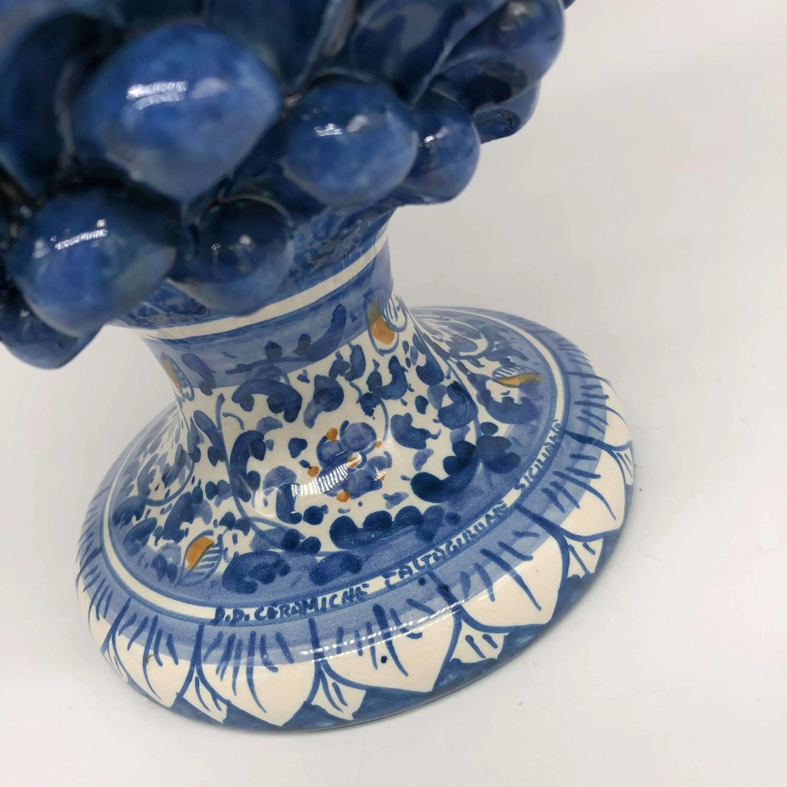 Pigna Ceramica Caltagirone cm H.30 Artigianale Blu Antico Base Decorata Fiori DD CERAMICHE SICILIANE