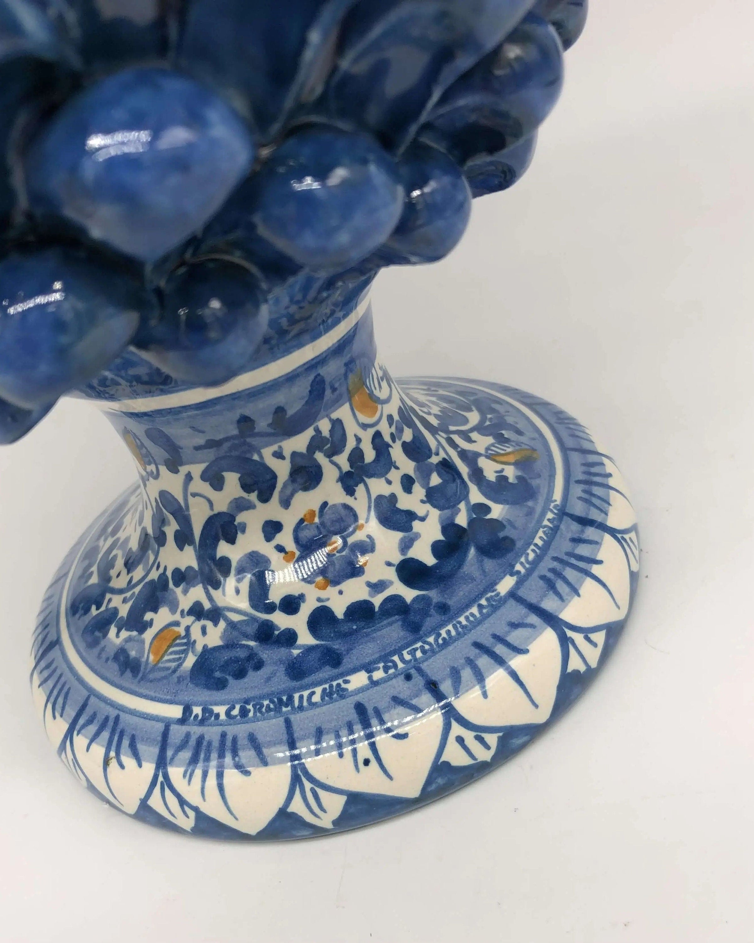 Pigna Ceramica Caltagirone cm H.30 Artigianale Blu Antico Base Decorata Fiori DD CERAMICHE SICILIANE