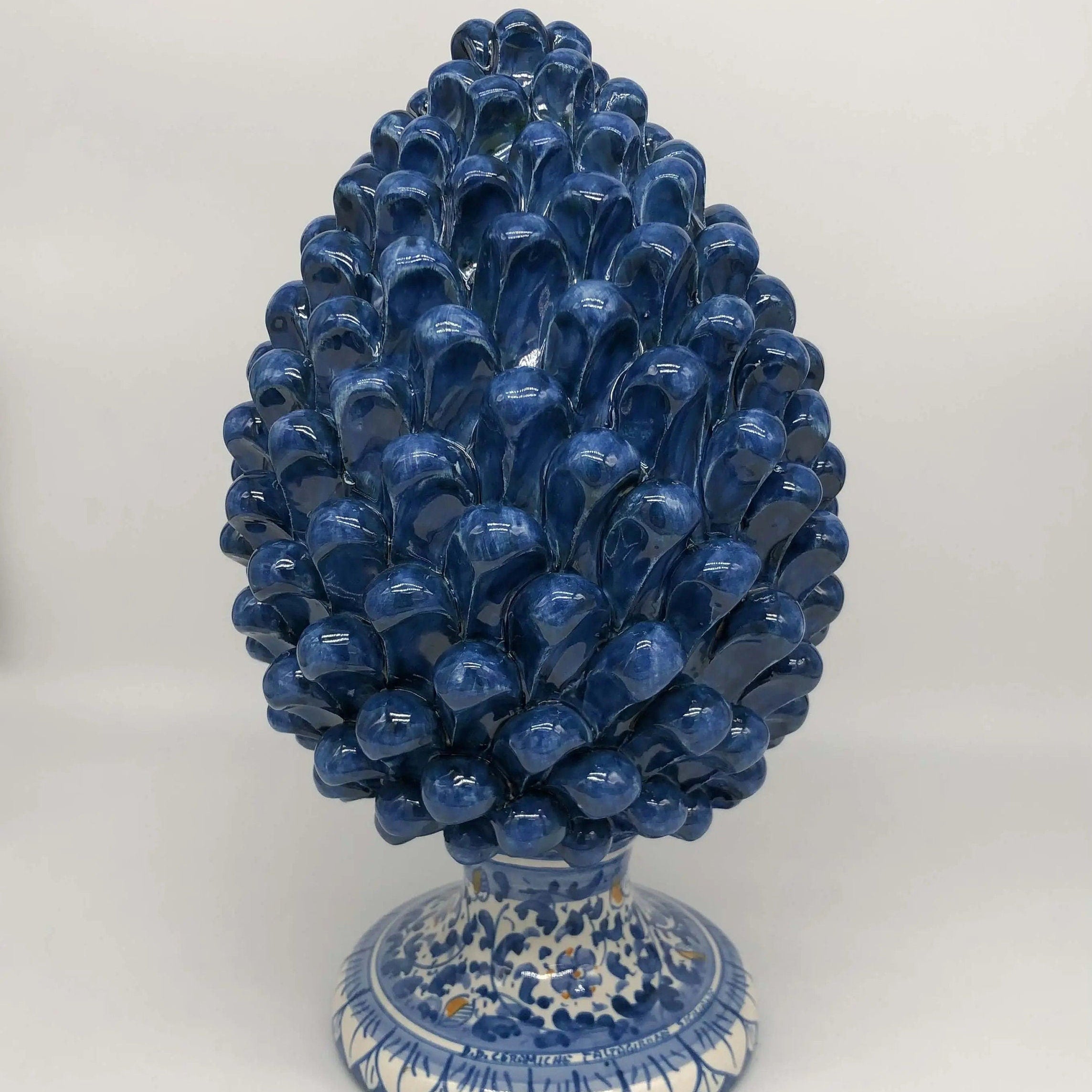 Pigna Ceramica Caltagirone cm H.30 Artigianale Blu Antico Base Decorata Fiori DD CERAMICHE SICILIANE
