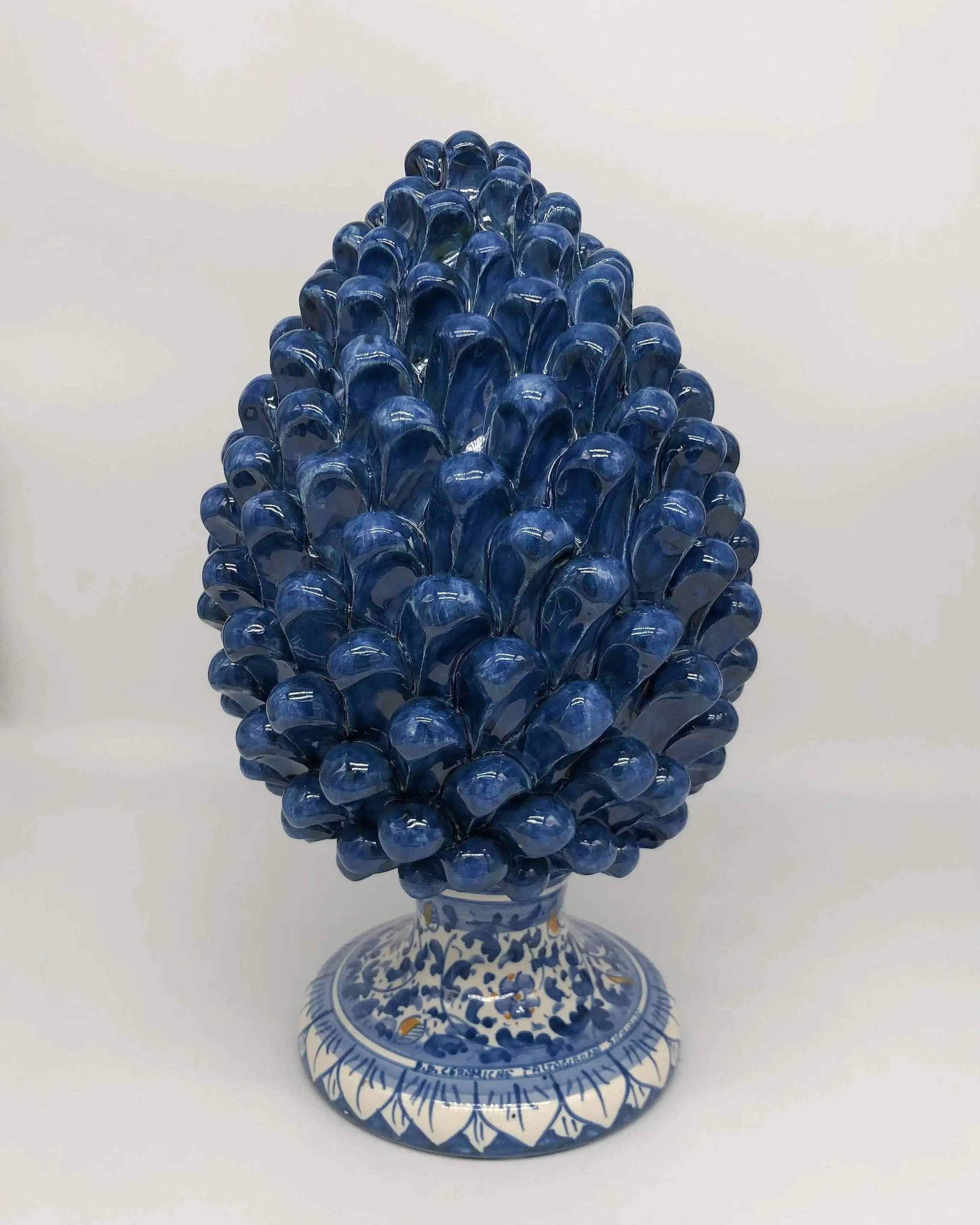 Pigna Ceramica Caltagirone cm H.30 Artigianale Blu Antico Base Decorata Fiori DD CERAMICHE SICILIANE