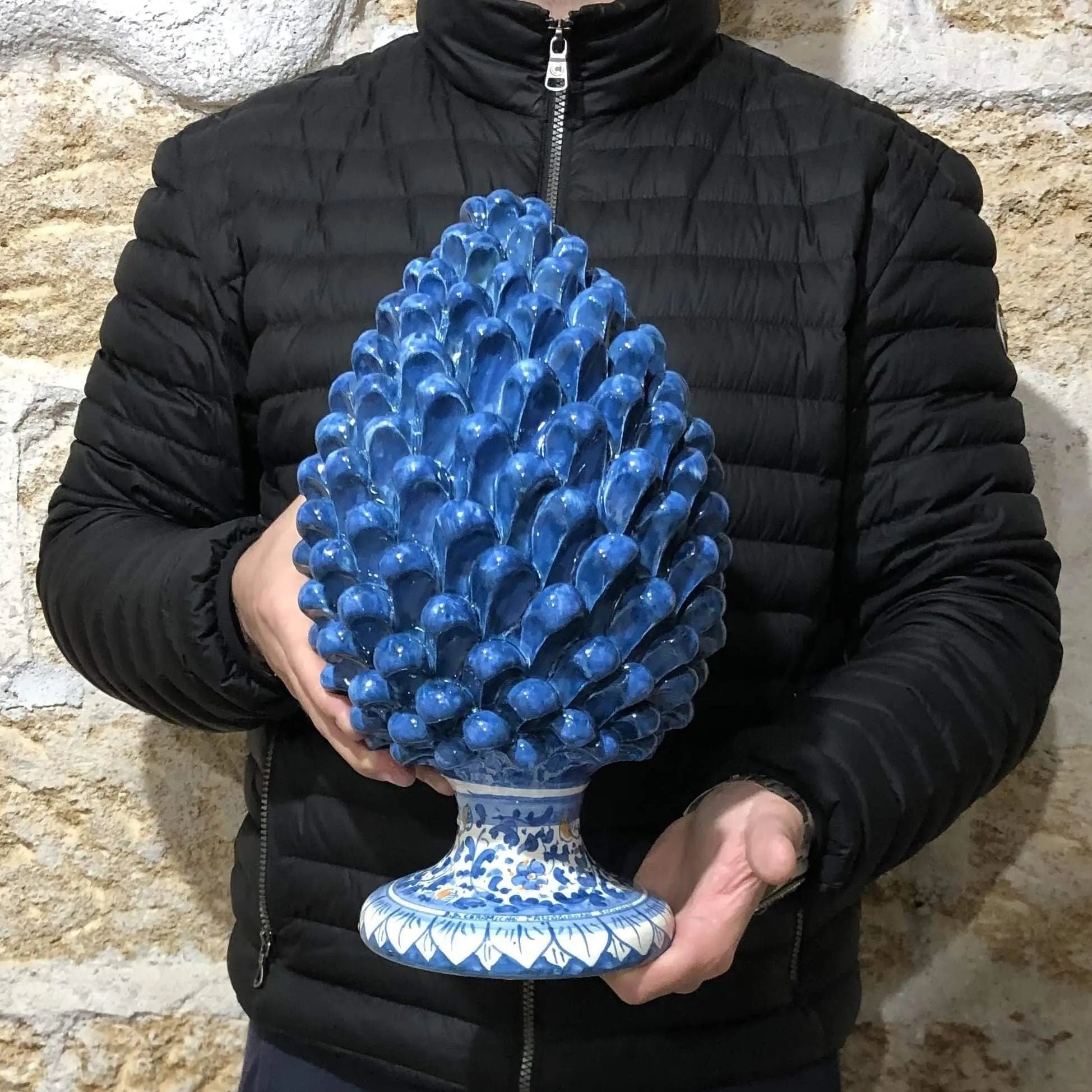 Pigna Ceramica Caltagirone cm H.30 Artigianale Blu Antico Base Decorata Fiori DD CERAMICHE SICILIANE