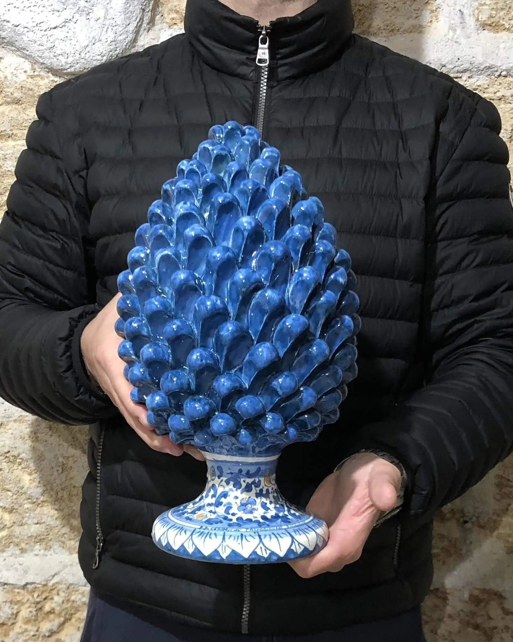 Pigna Ceramica Caltagirone cm H.30 Artigianale Blu Antico Base Decorata Fiori DD CERAMICHE SICILIANE
