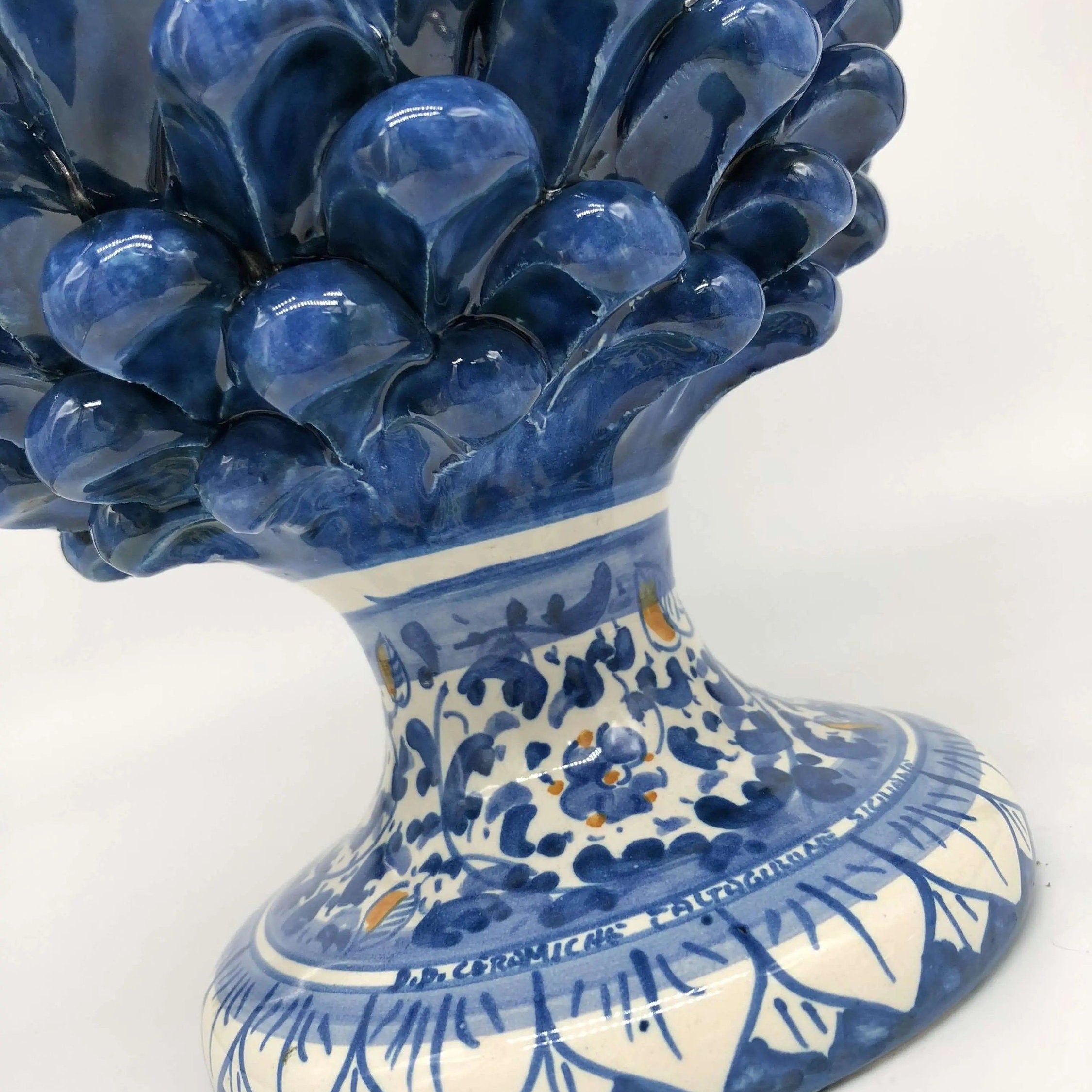 Pigna Ceramica Caltagirone cm H.30 Artigianale Blu Antico Base Decorata Fiori DD CERAMICHE SICILIANE