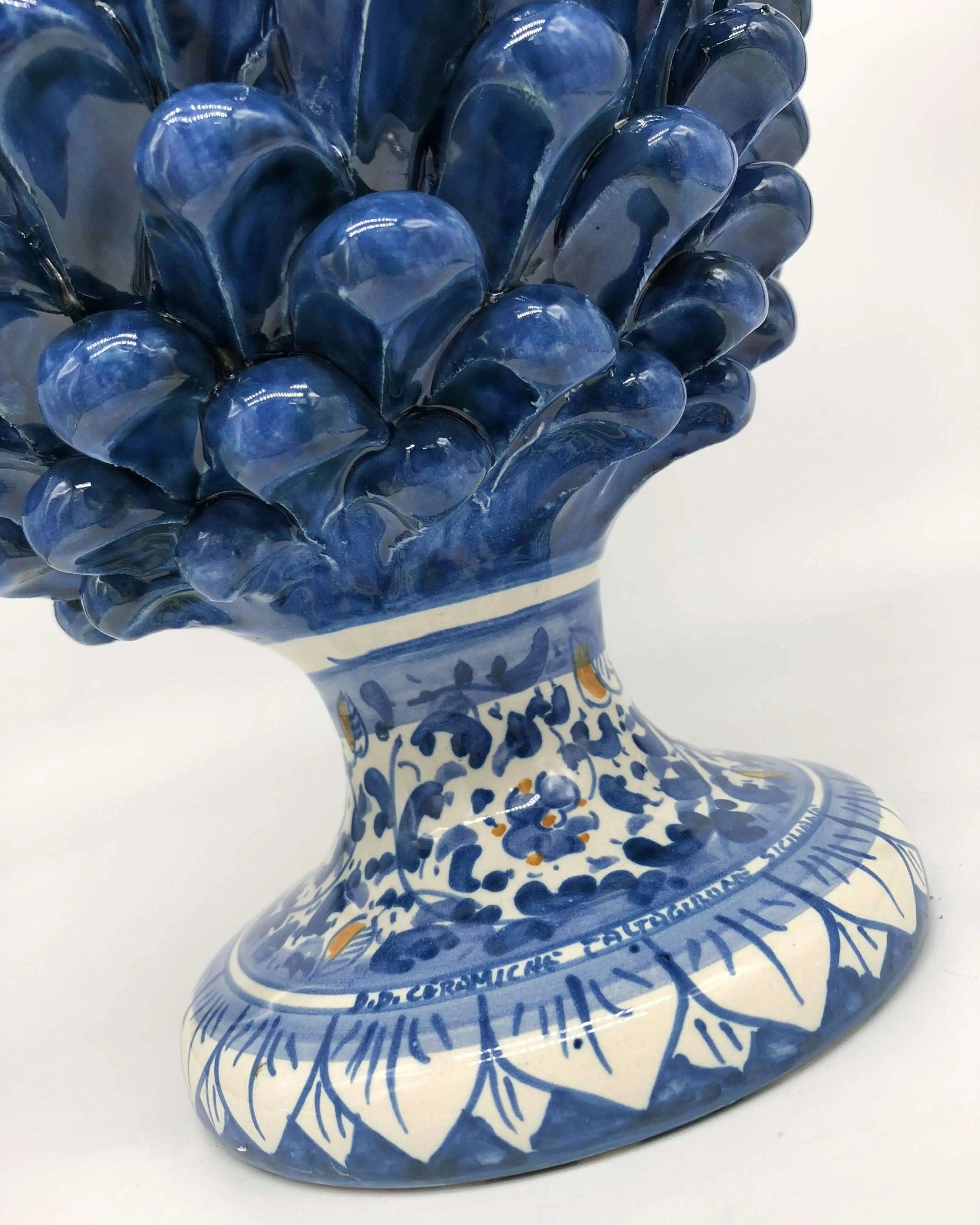 Pigna Ceramica Caltagirone cm H.30 Artigianale Blu Antico Base Decorata Fiori DD CERAMICHE SICILIANE