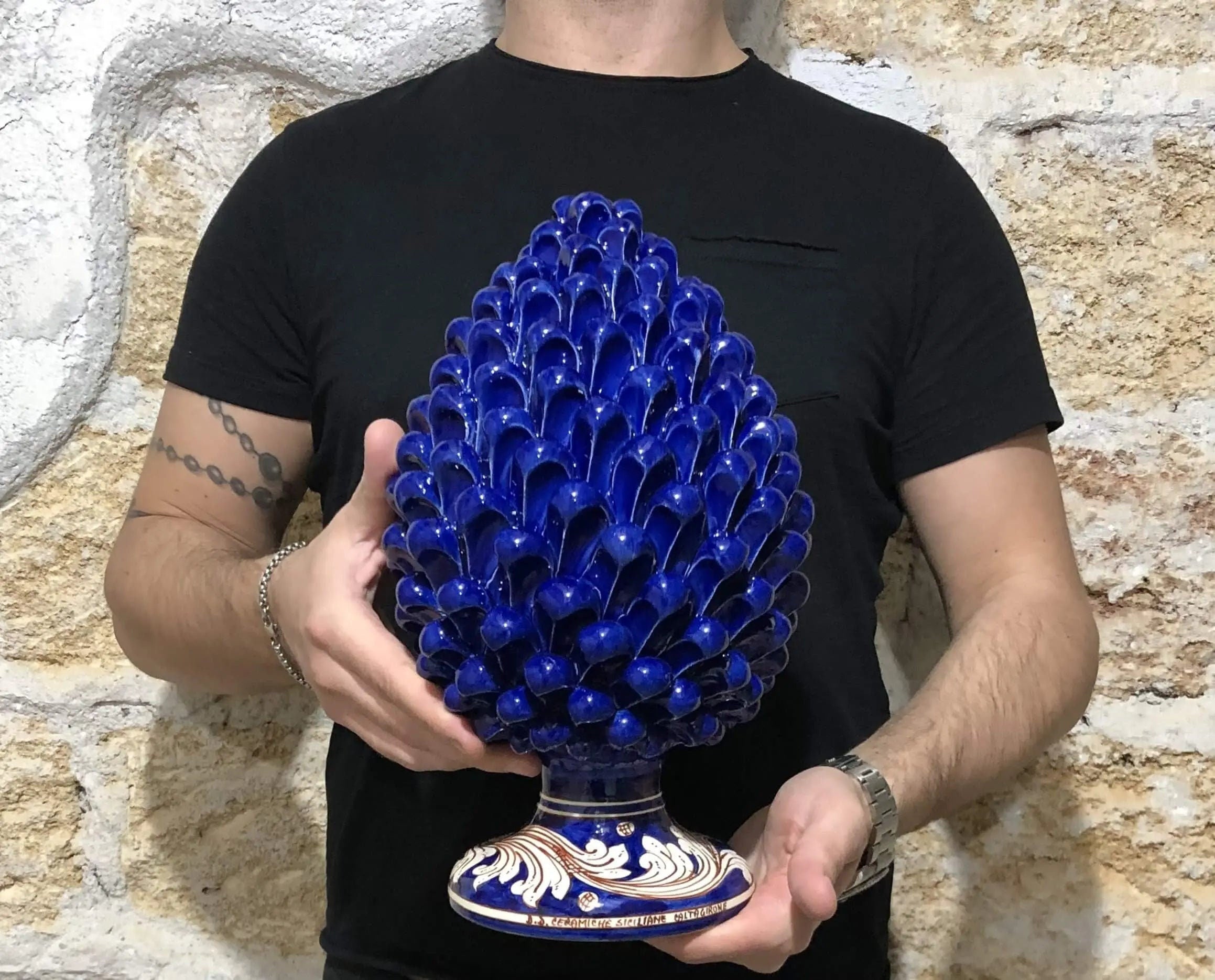 Pigna Ceramica Caltagirone cm H.30 Artigianale Blu Base Decorata DD CERAMICHE SICILIANE