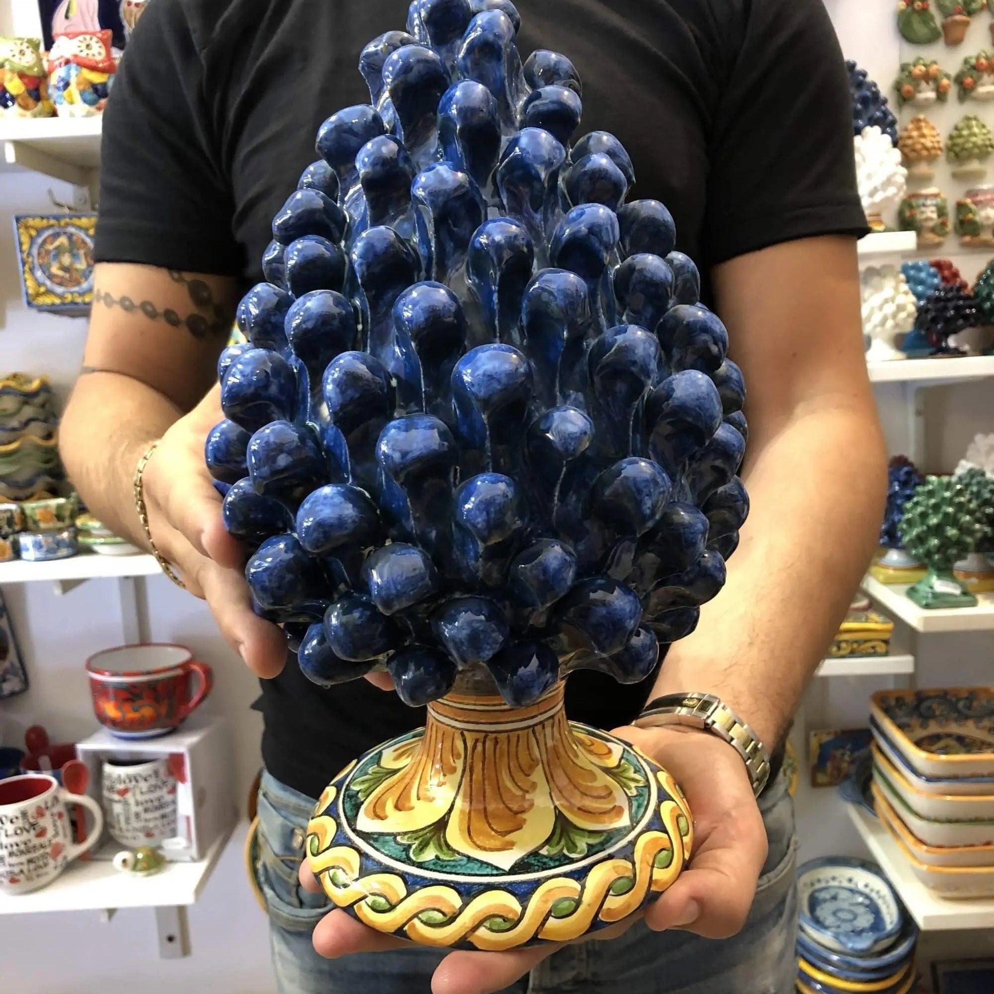 Pigna Ceramica Caltagirone cm H.30 Artigianale Blu Base Decorata DD CERAMICHE SICILIANE