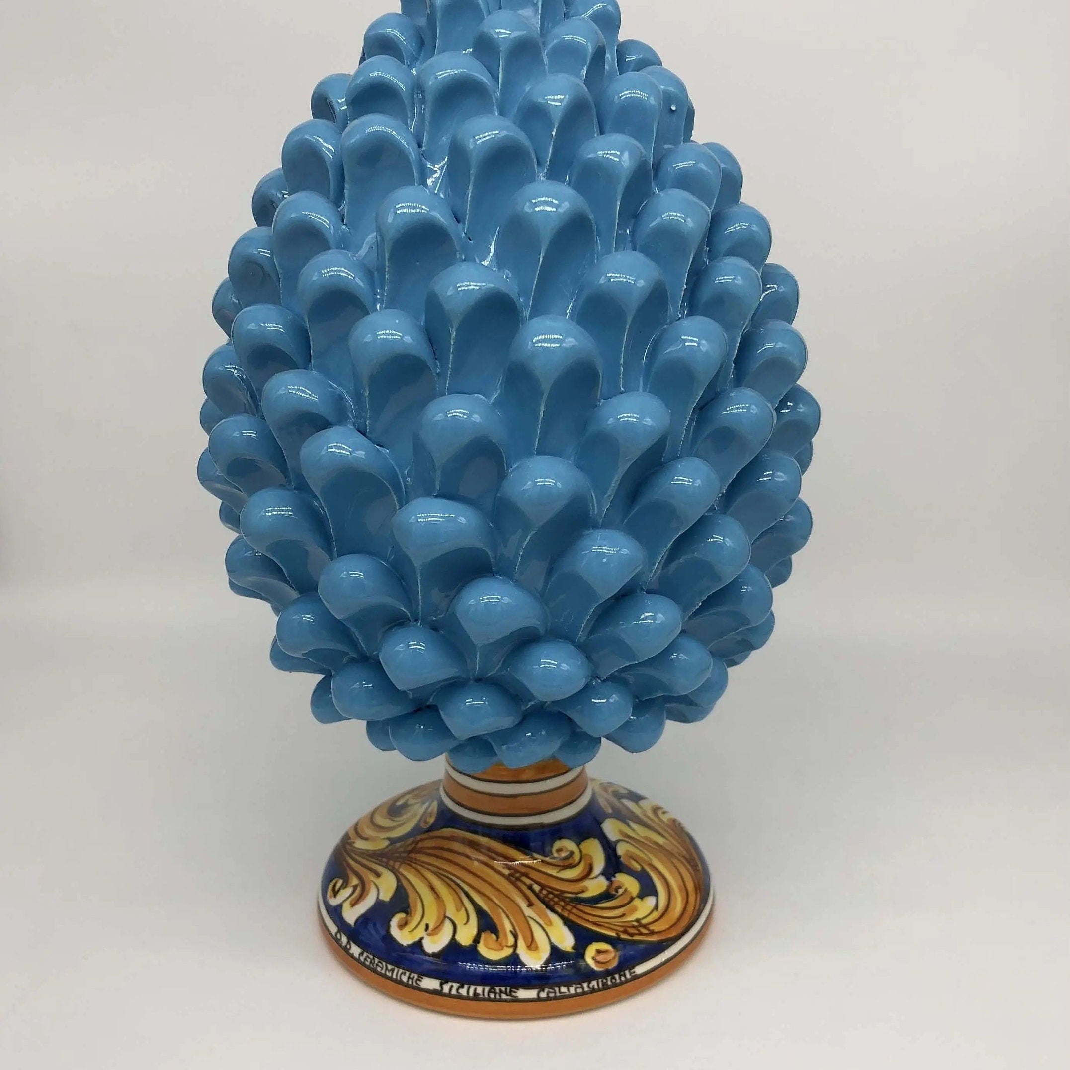 Pigna Ceramica Caltagirone cm H.30 Artigianale Celeste Base Decorata DD CERAMICHE SICILIANE