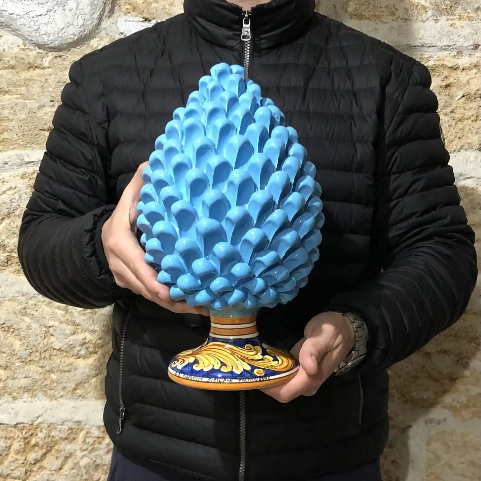 Pigna Ceramica Caltagirone cm H.30 Artigianale Celeste Base Decorata DD CERAMICHE SICILIANE