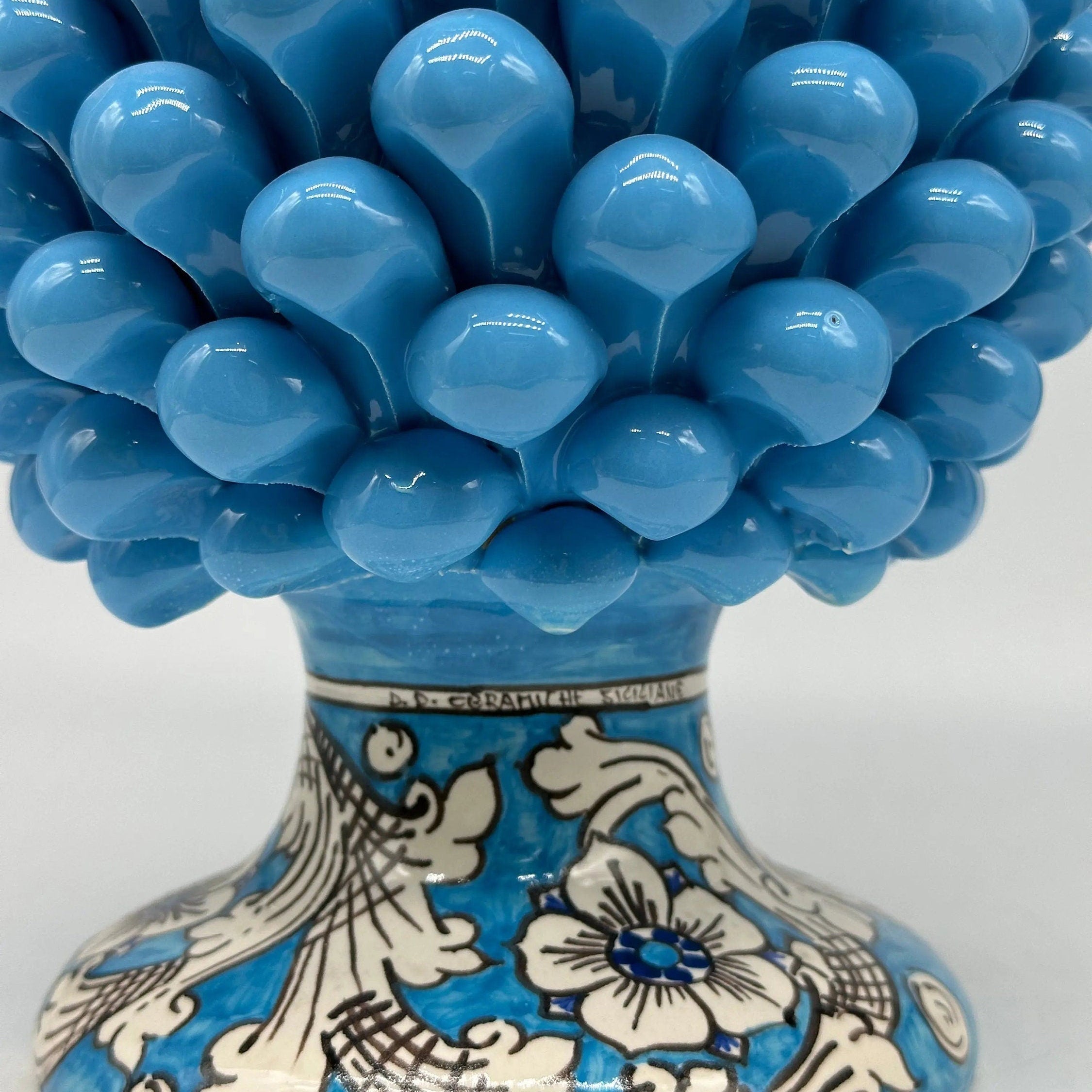 Pigna Ceramica Caltagirone cm H.30 Artigianale Celeste Base Decorata stesso fondo DD CERAMICHE SICILIANE