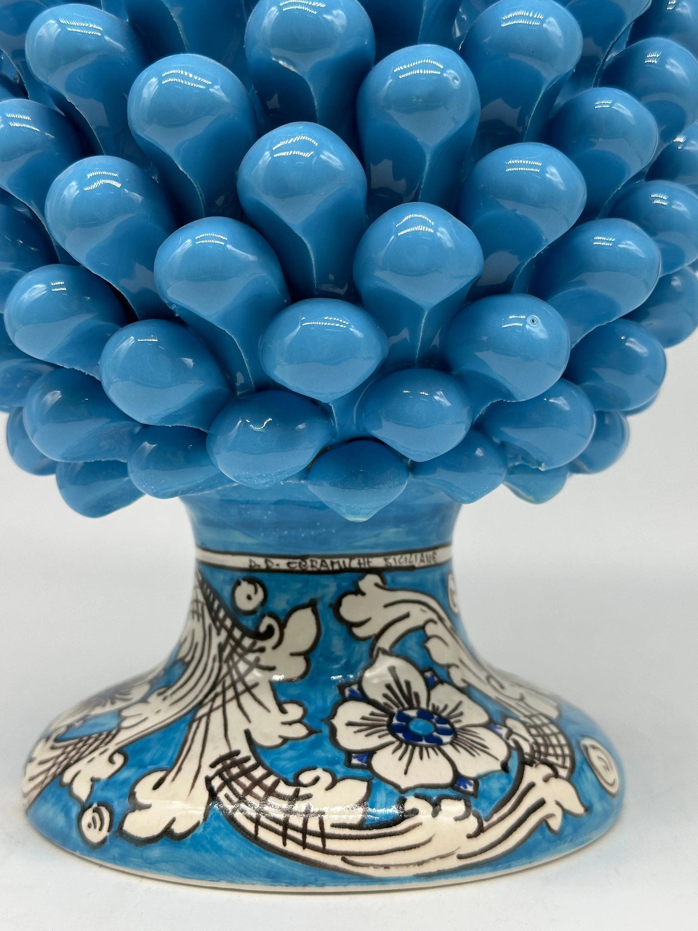 Pigna Ceramica Caltagirone cm H.30 Artigianale Celeste Base Decorata stesso fondo DD CERAMICHE SICILIANE