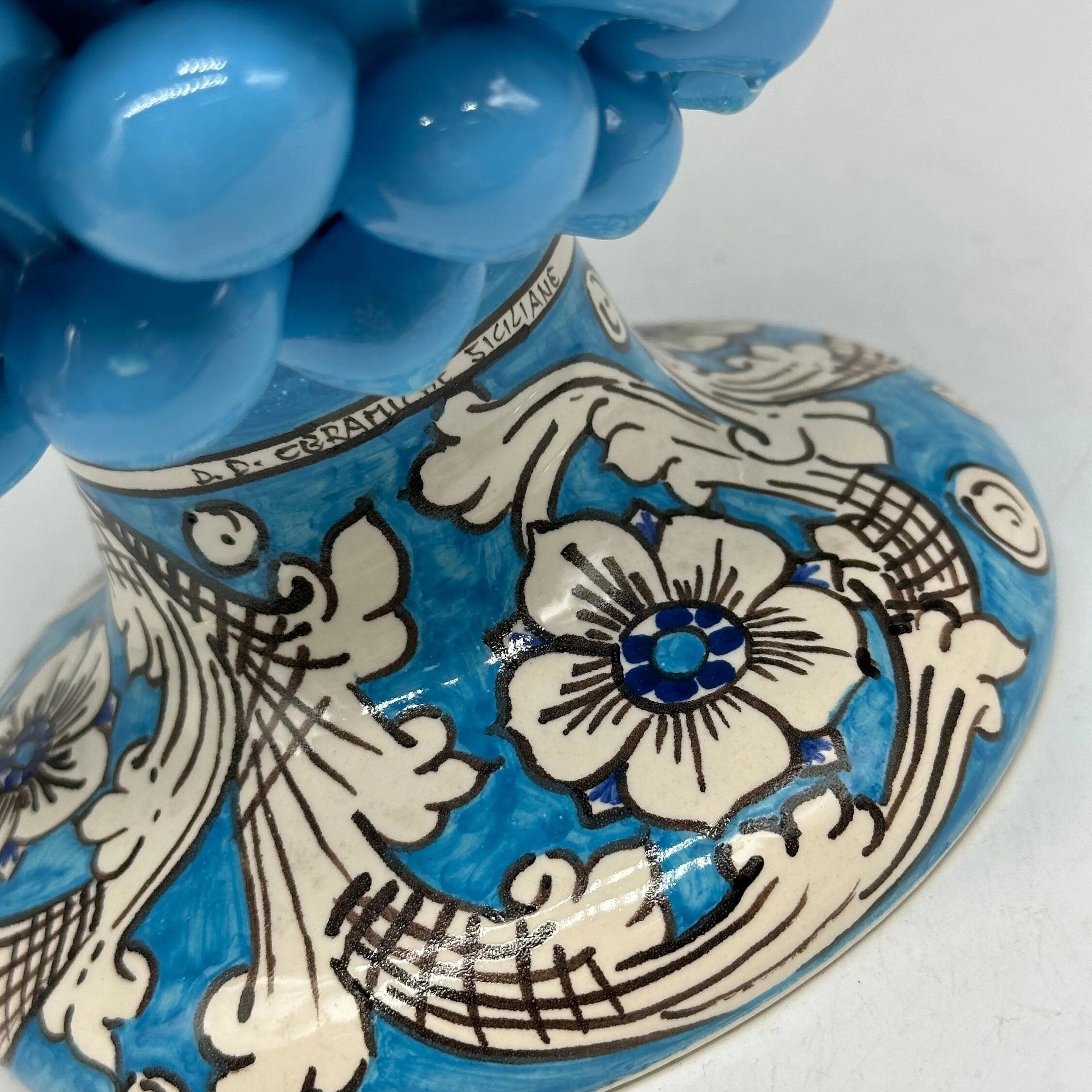 Pigna Ceramica Caltagirone cm H.30 Artigianale Celeste Base Decorata stesso fondo DD CERAMICHE SICILIANE