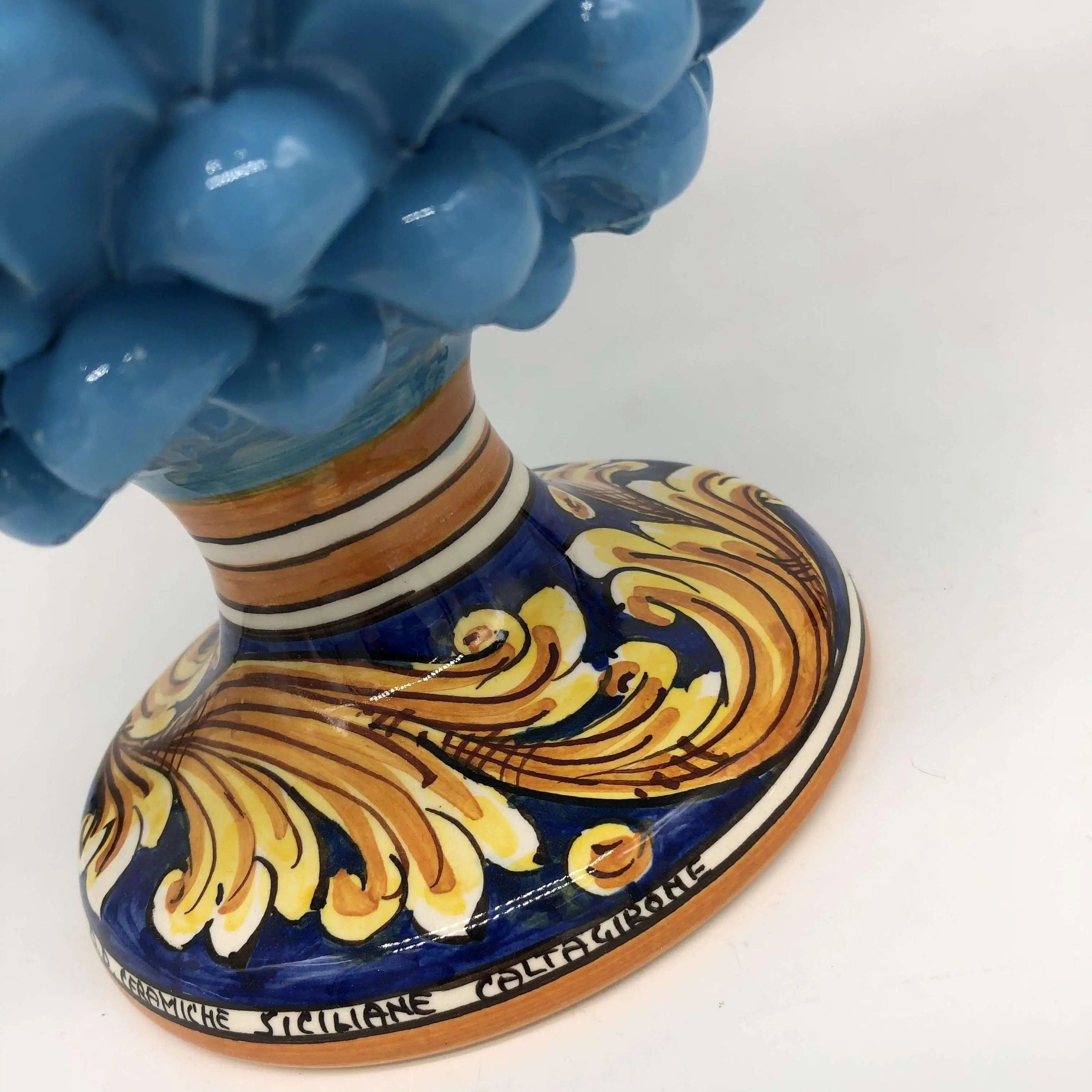 Pigna Ceramica Caltagirone cm H.30 Artigianale Celeste Base Decorata DD CERAMICHE SICILIANE