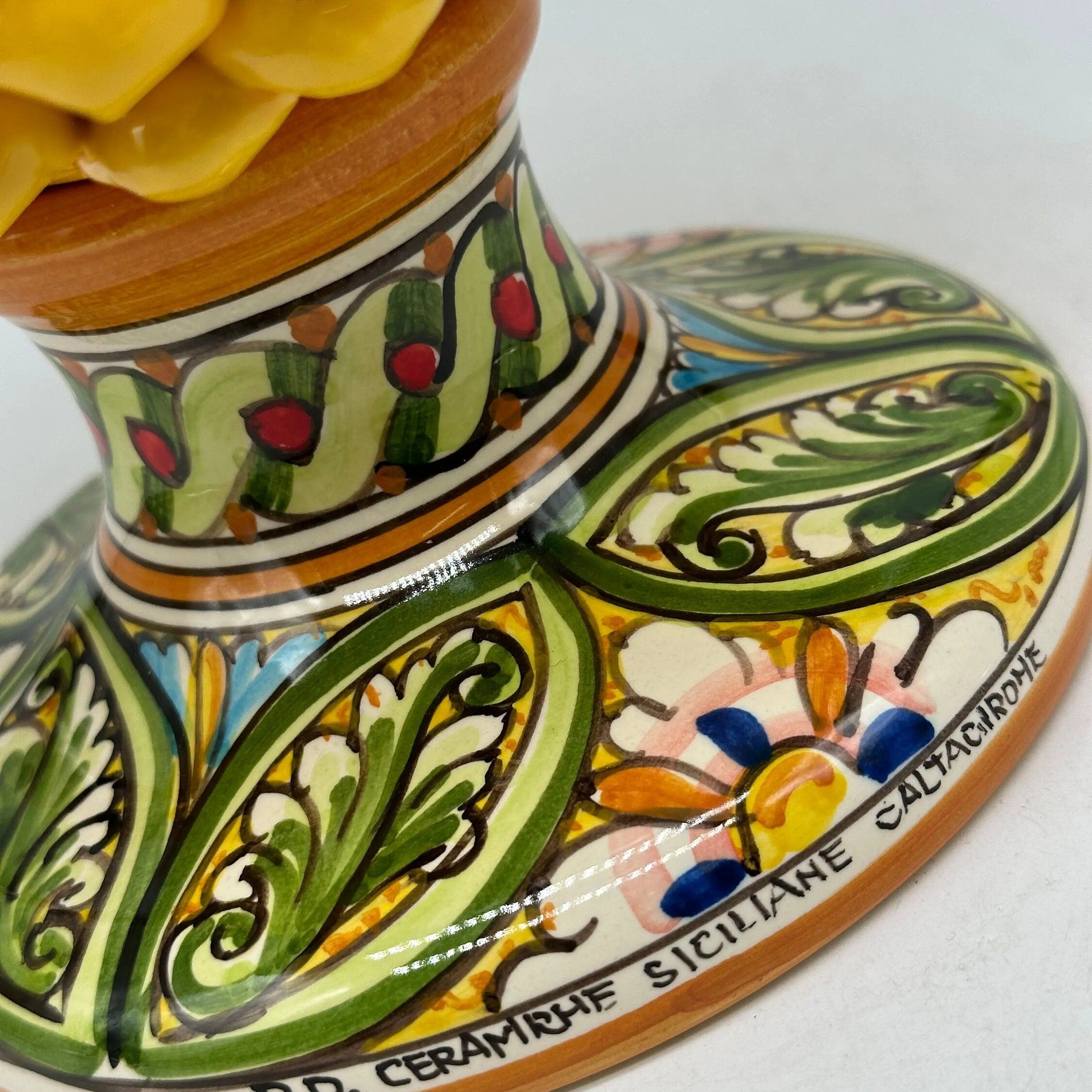 Pigna Ceramica Caltagirone cm H.30 Artigianale Giallo Base Decorata DD CERAMICHE SICILIANE