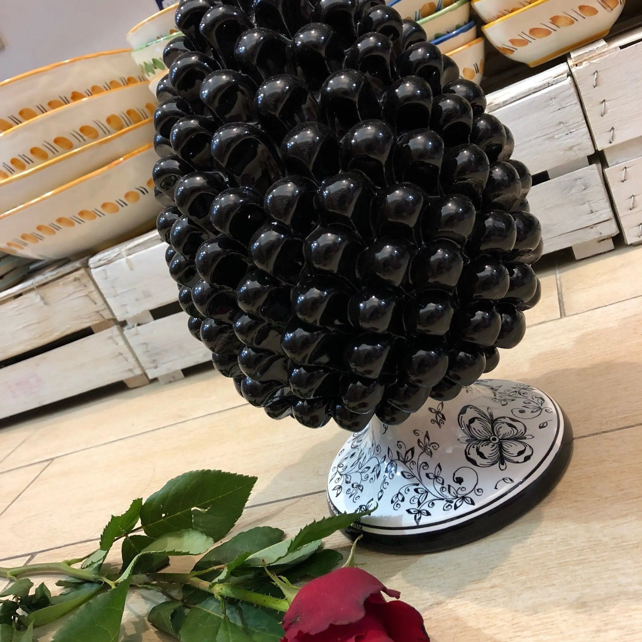 Pigna Ceramica Caltagirone cm H.30 Artigianale Nero Base Decorata DD CERAMICHE SICILIANE