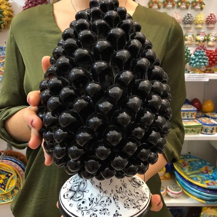 Pigna Ceramica Caltagirone cm H.30 Artigianale Nero Base Decorata DD CERAMICHE SICILIANE