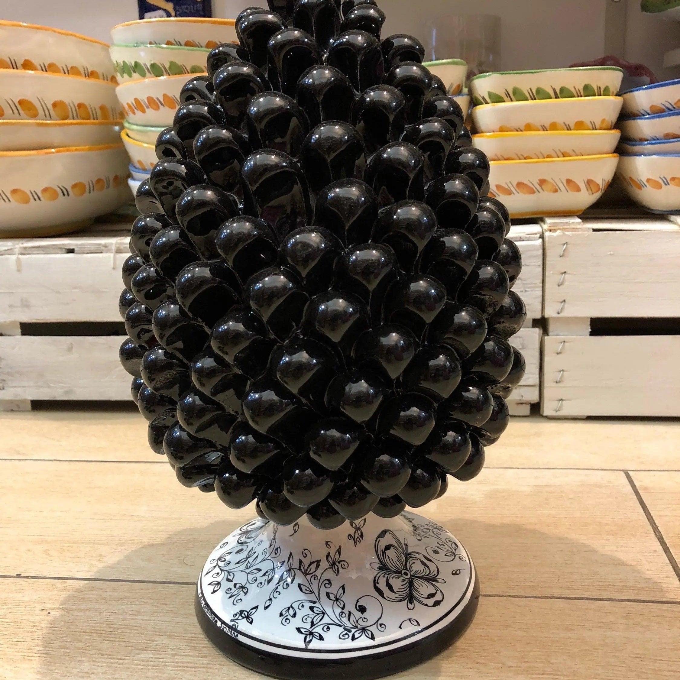 Pigna Ceramica Caltagirone cm H.30 Artigianale Nero Base Decorata DD CERAMICHE SICILIANE