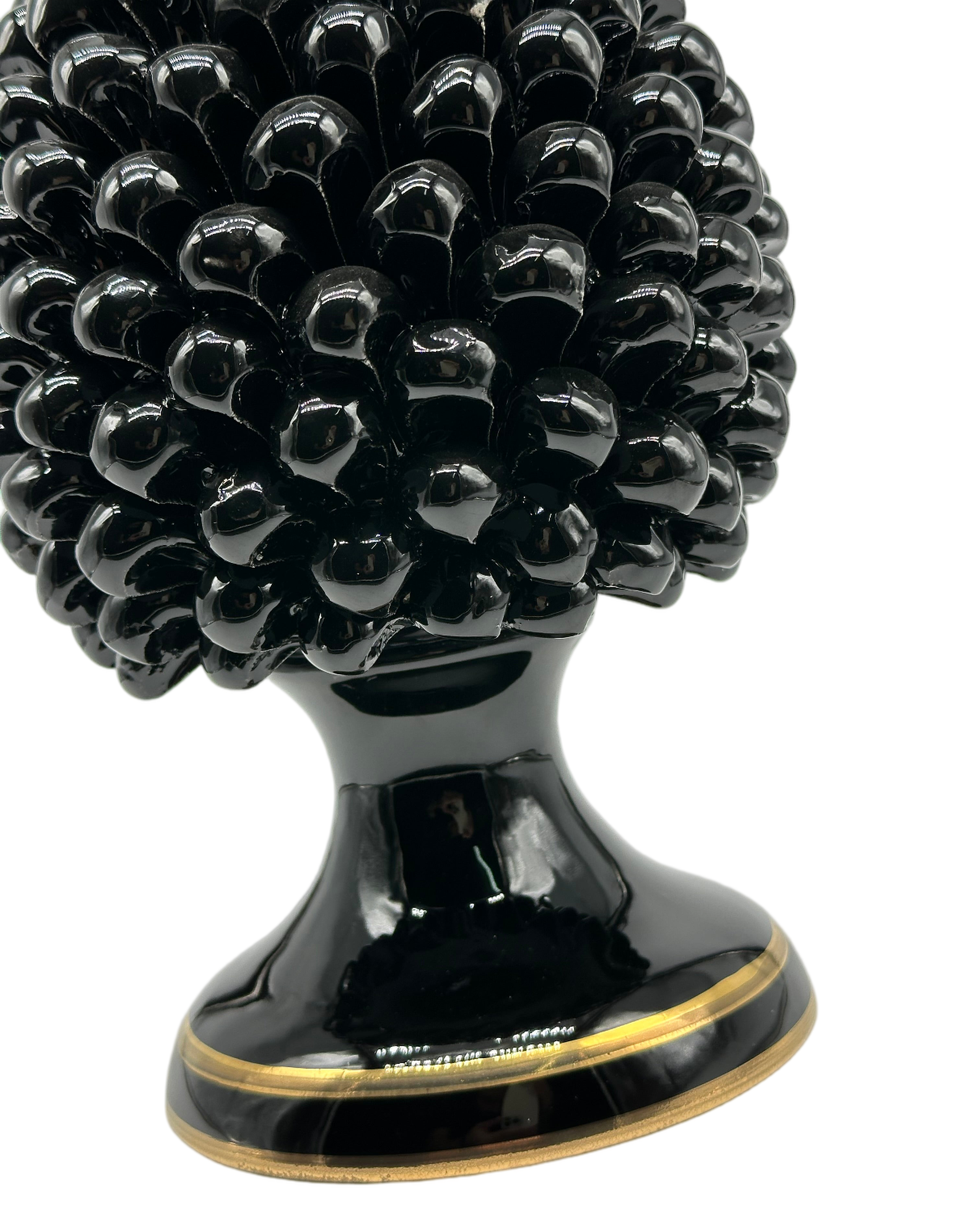 Pigna Ceramica Caltagirone cm H.30 Artigianale Nero con bordi Oro DD CERAMICHE SICILIANE