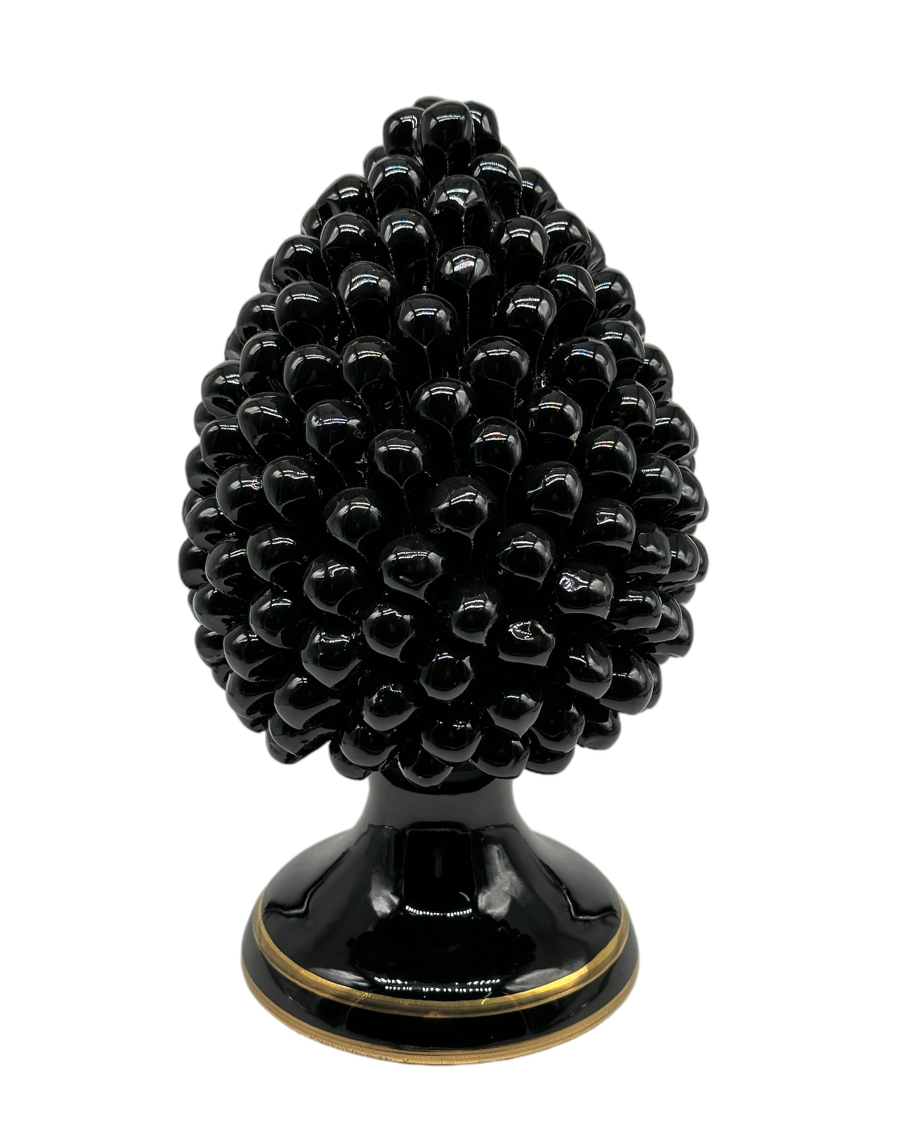 Pigna Ceramica Caltagirone cm H.30 Artigianale Nero con bordi Oro DD CERAMICHE SICILIANE