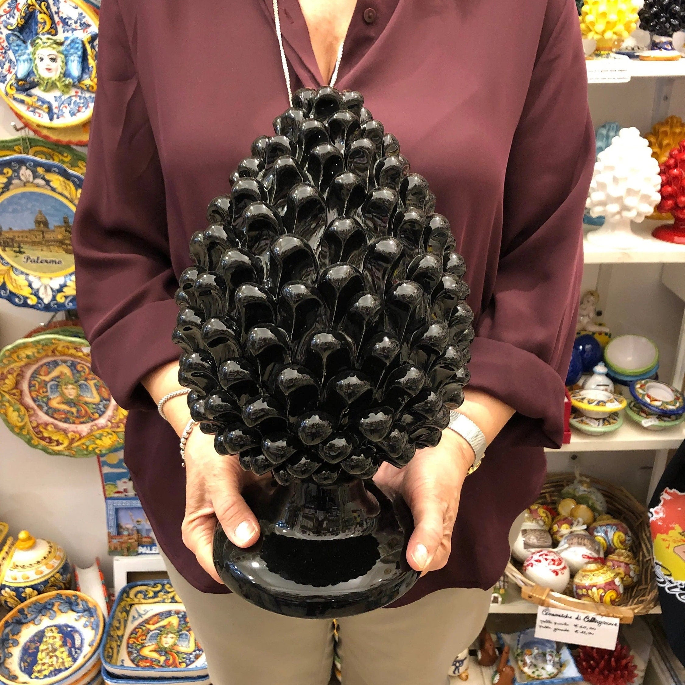 Pigna Ceramica Caltagirone cm H.30 Artigianale Nero DD CERAMICHE SICILIANE