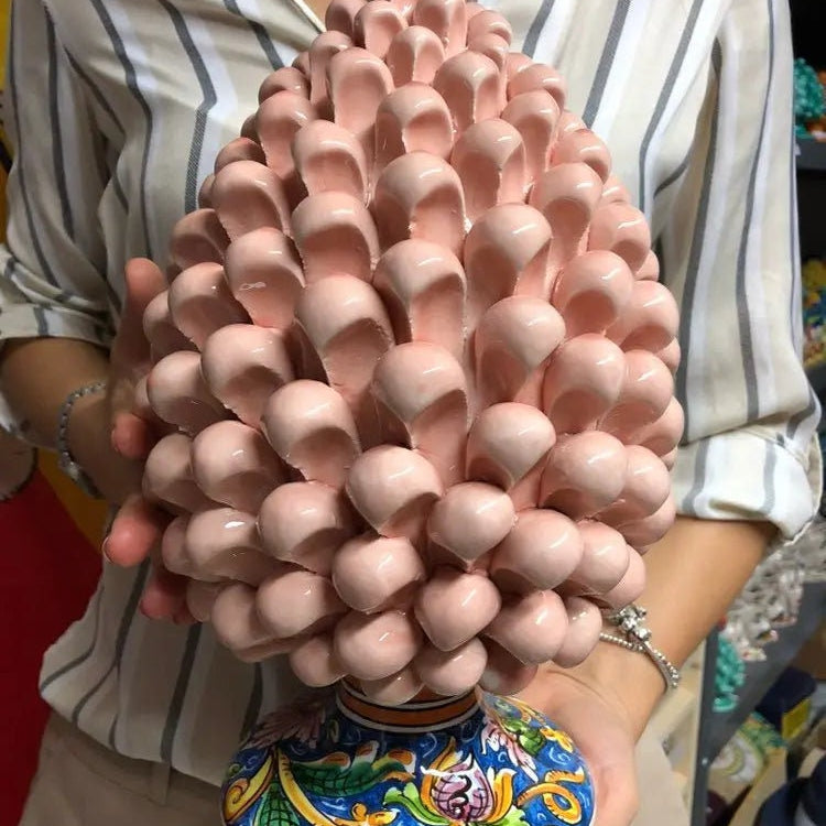 Pigna Ceramica Caltagirone cm H.30 Artigianale Rosa Cipria Base Decorata DD CERAMICHE SICILIANE