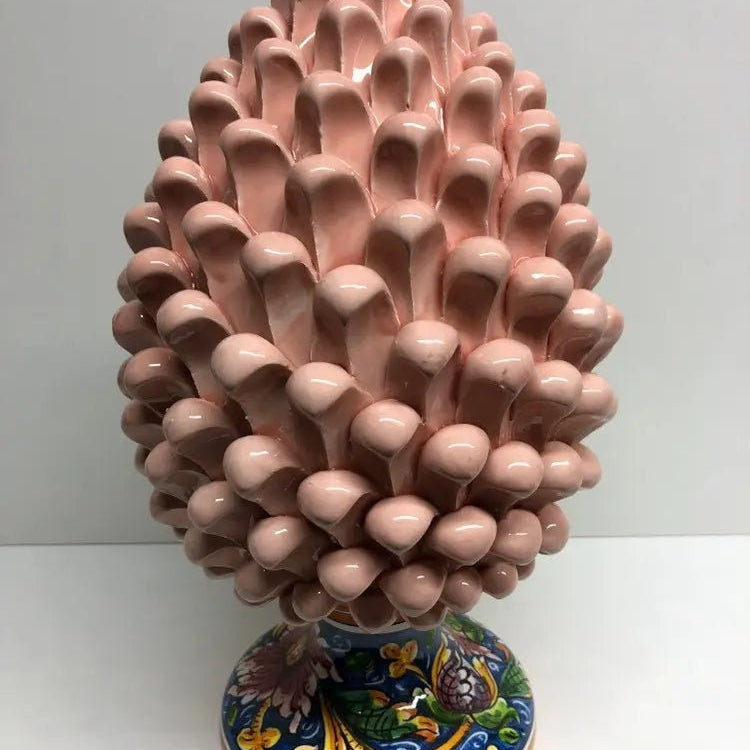 Pigna Ceramica Caltagirone cm H.30 Artigianale Rosa Cipria Base Decorata DD CERAMICHE SICILIANE