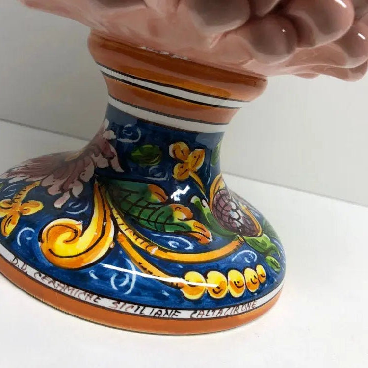 Pigna Ceramica Caltagirone cm H.30 Artigianale Rosa Cipria Base Decorata DD CERAMICHE SICILIANE