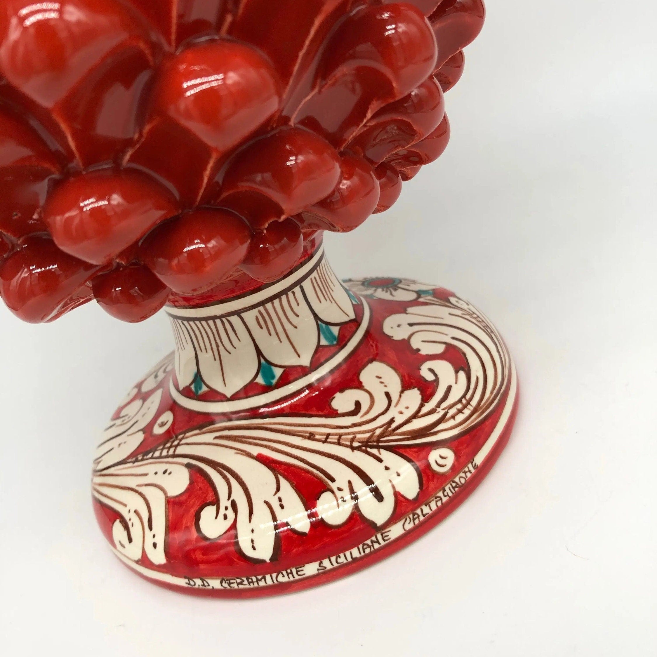 Pigna Ceramica Caltagirone cm H.30 Artigianale Rosso Base Decorata DD CERAMICHE SICILIANE