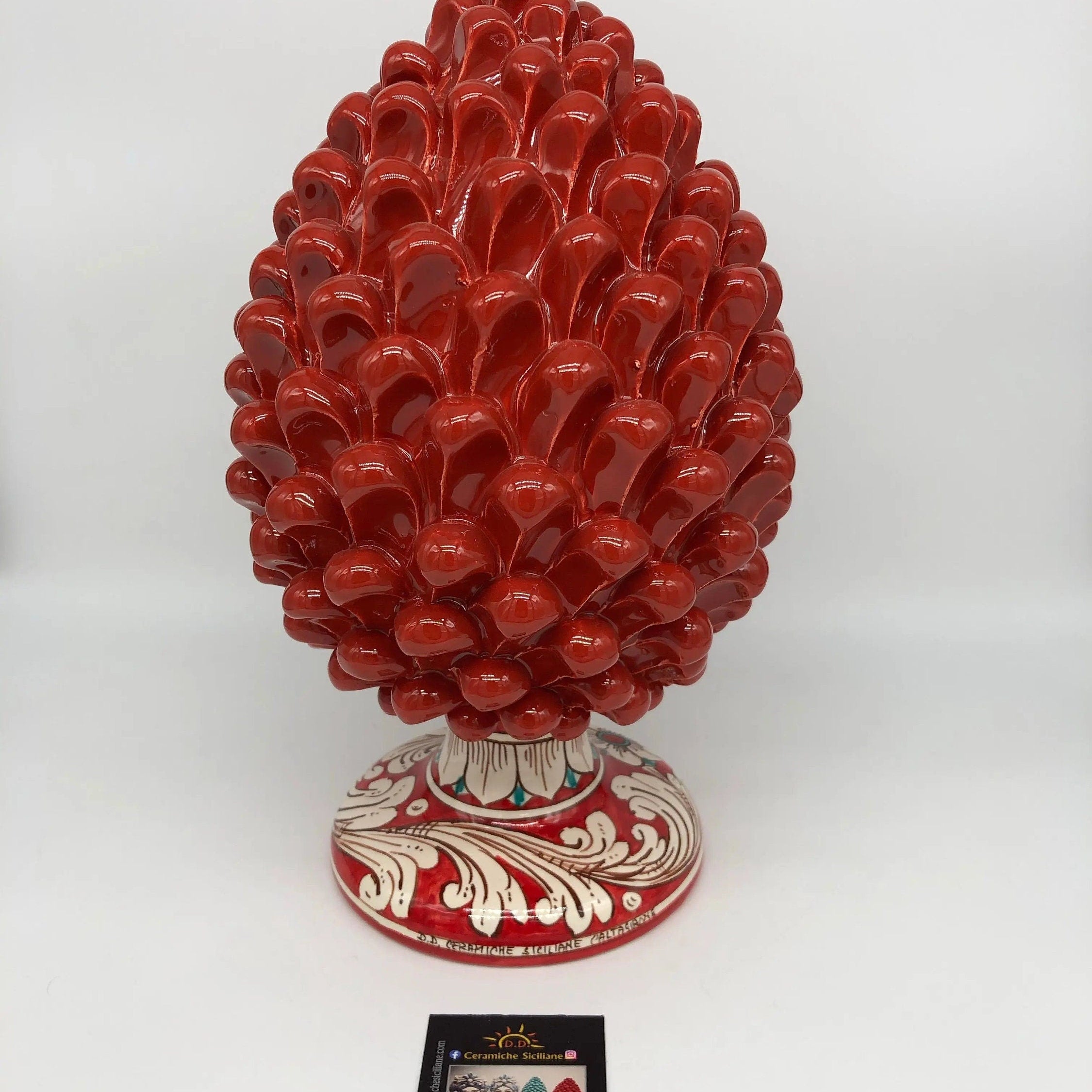 Pigna Ceramica Caltagirone cm H.30 Artigianale Rosso Base Decorata DD CERAMICHE SICILIANE