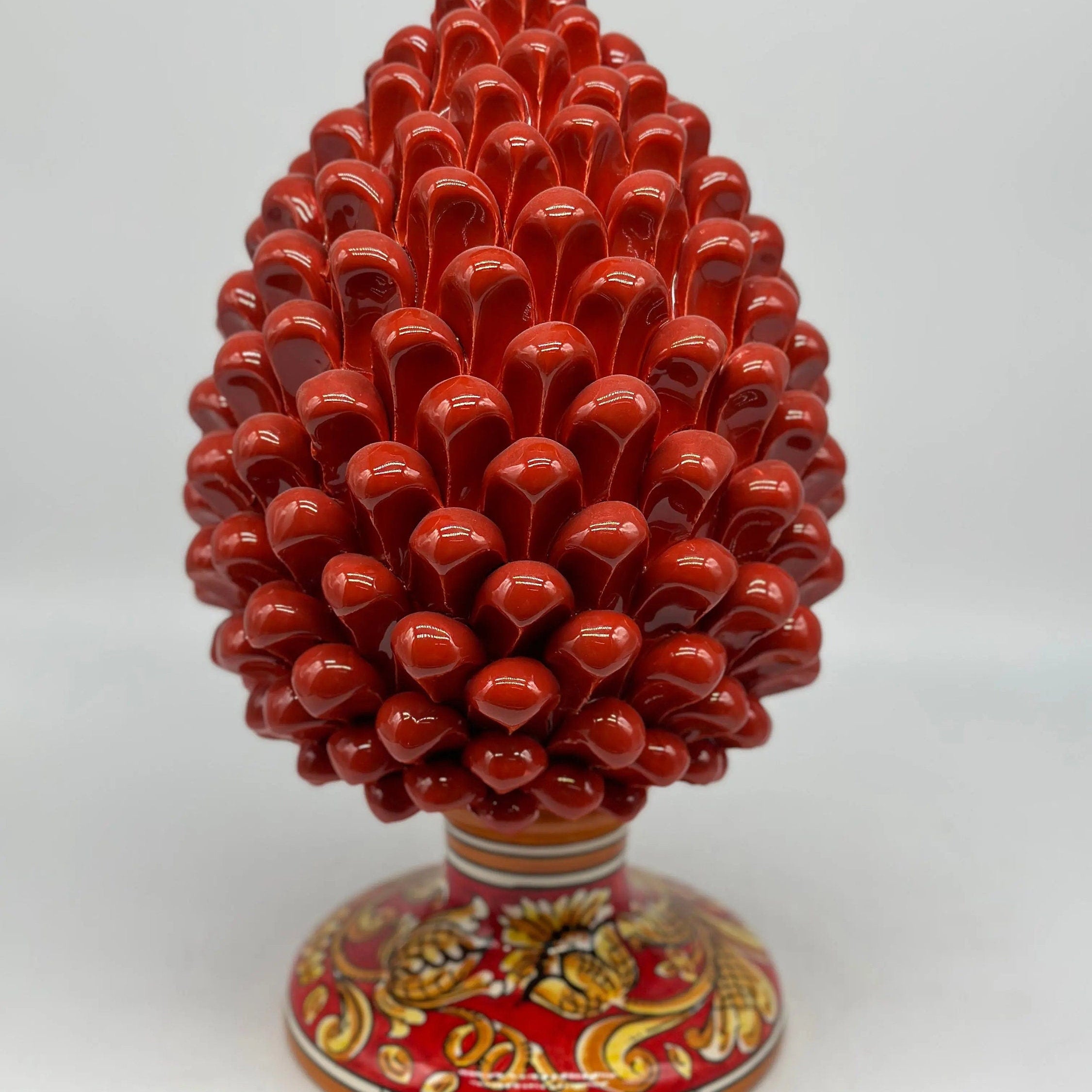 Pigna Ceramica Caltagirone cm H.30 Artigianale Rosso Base Decorata Giglio DD CERAMICHE SICILIANE