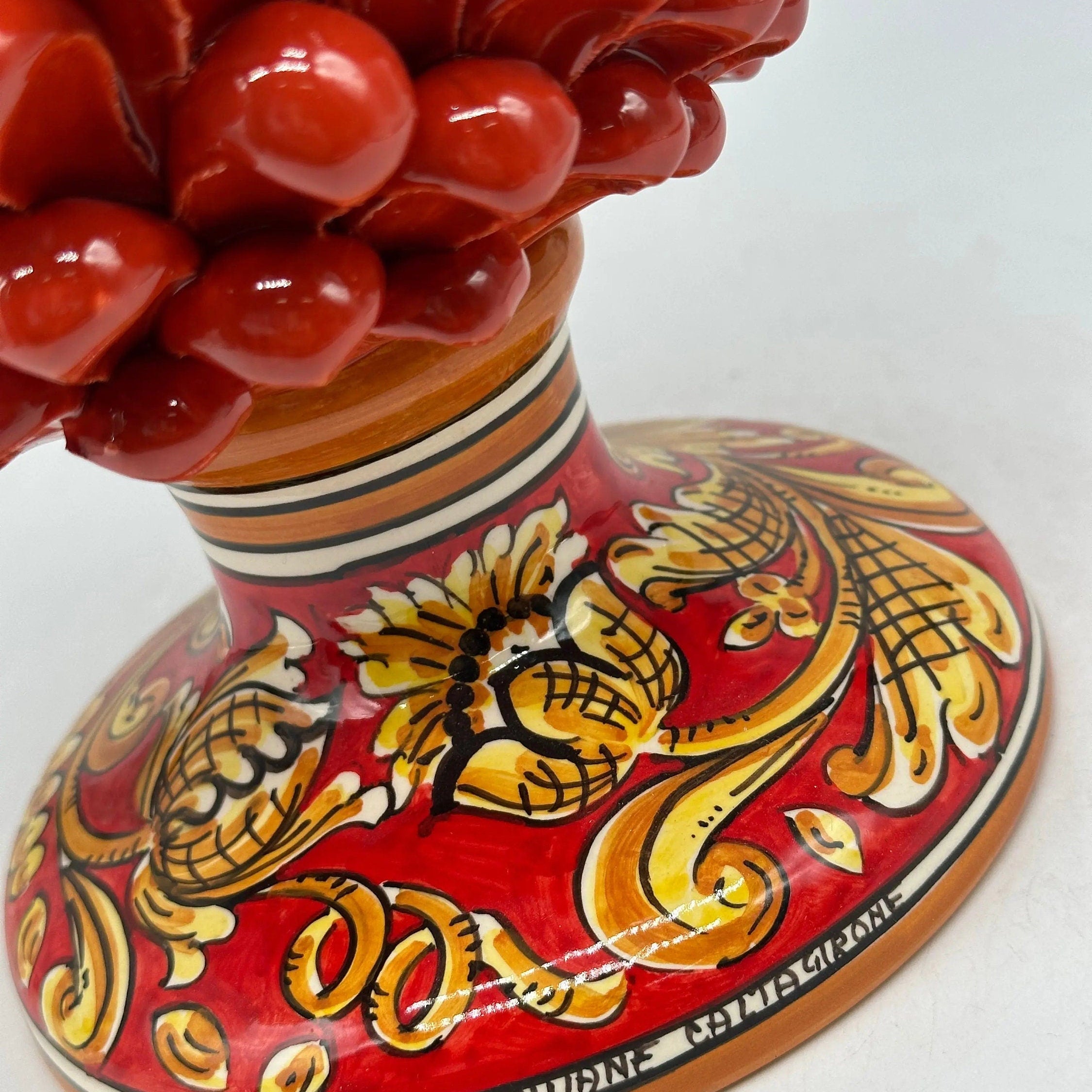 Pigna Ceramica Caltagirone cm H.30 Artigianale Rosso Base Decorata Giglio DD CERAMICHE SICILIANE