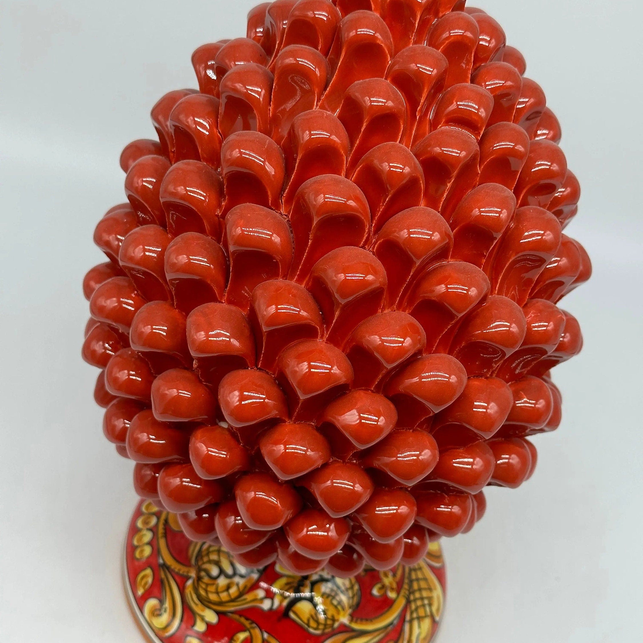 Pigna Ceramica Caltagirone cm H.30 Artigianale Rosso Base Decorata Giglio DD CERAMICHE SICILIANE