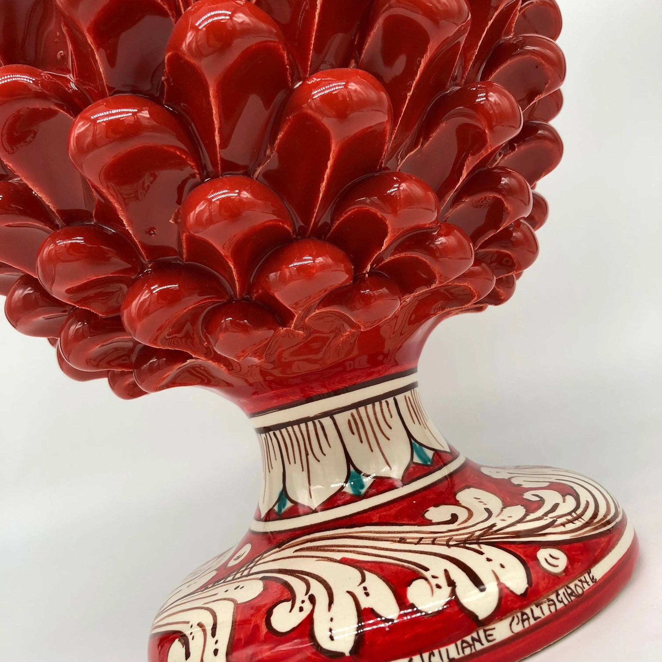 Pigna Ceramica Caltagirone cm H.30 Artigianale Rosso Base Decorata DD CERAMICHE SICILIANE