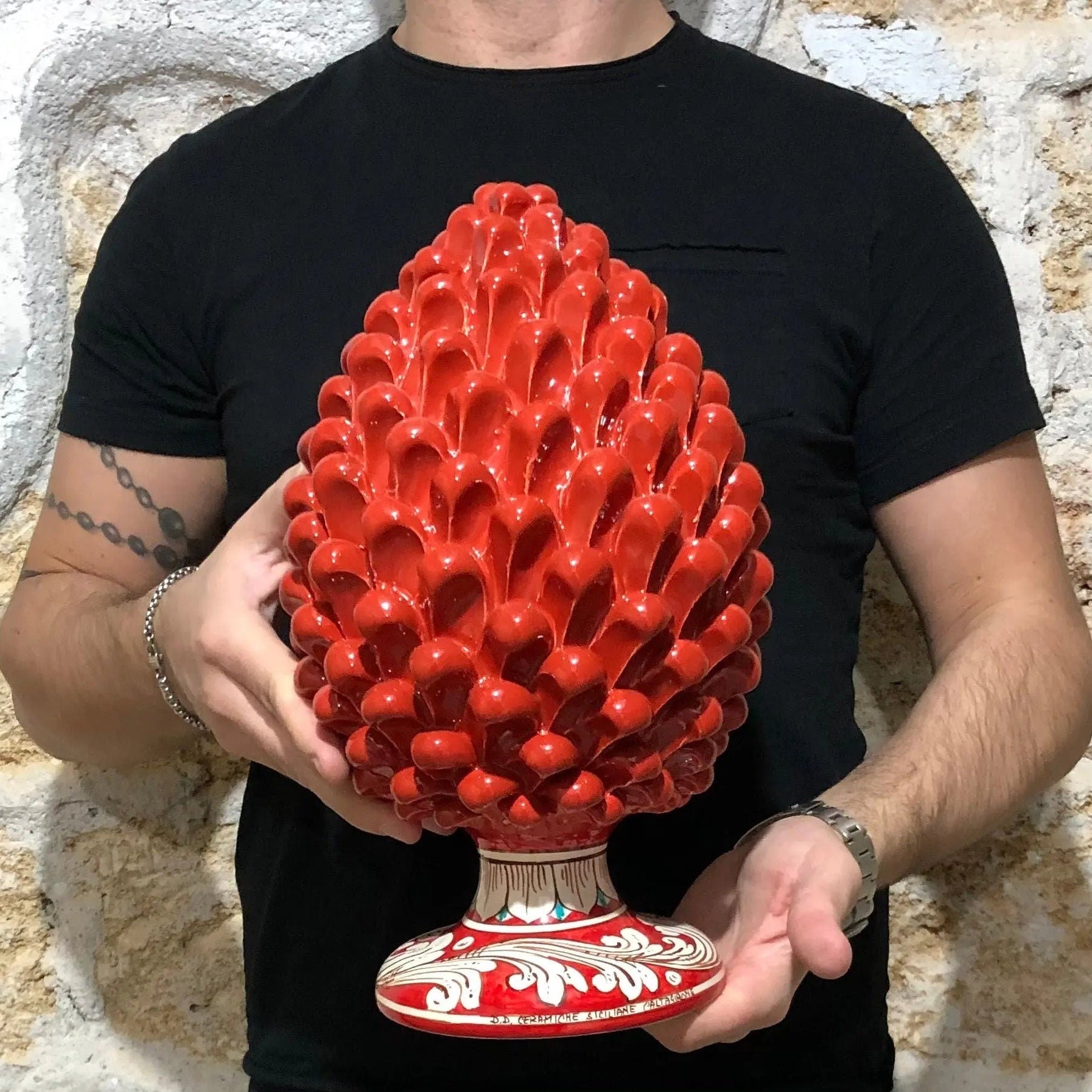 Pigna Ceramica Caltagirone cm H.30 Artigianale Rosso Base Decorata DD CERAMICHE SICILIANE