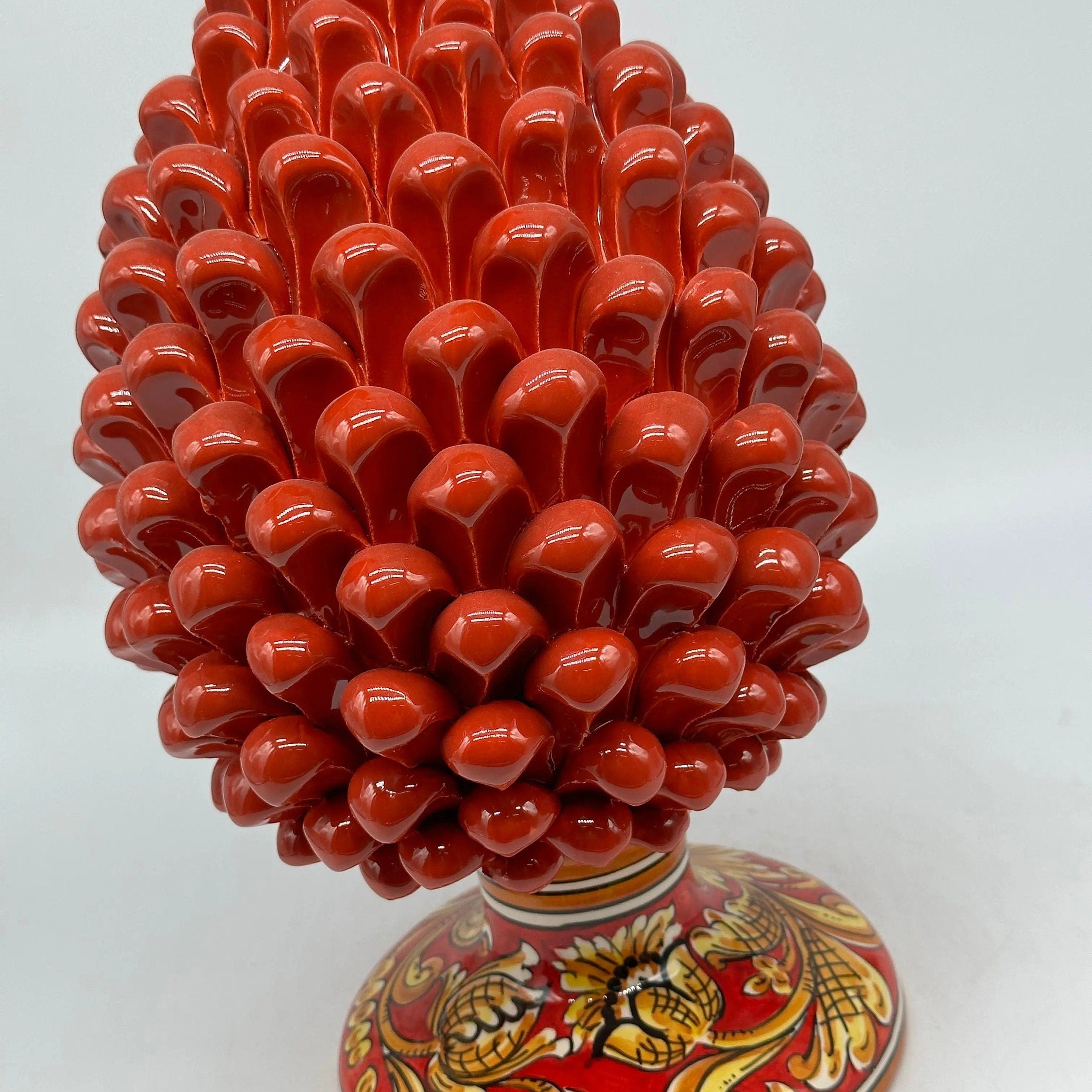 Pigna Ceramica Caltagirone cm H.30 Artigianale Rosso Base Decorata Giglio DD CERAMICHE SICILIANE